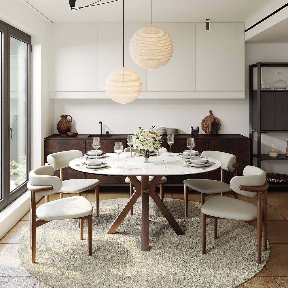 Angle. POVISON - 47"-63"Round Extendable Dining Table for 4-6, White Glossy Sintered Stone & Glass Top, Bronze Steel Base - White.