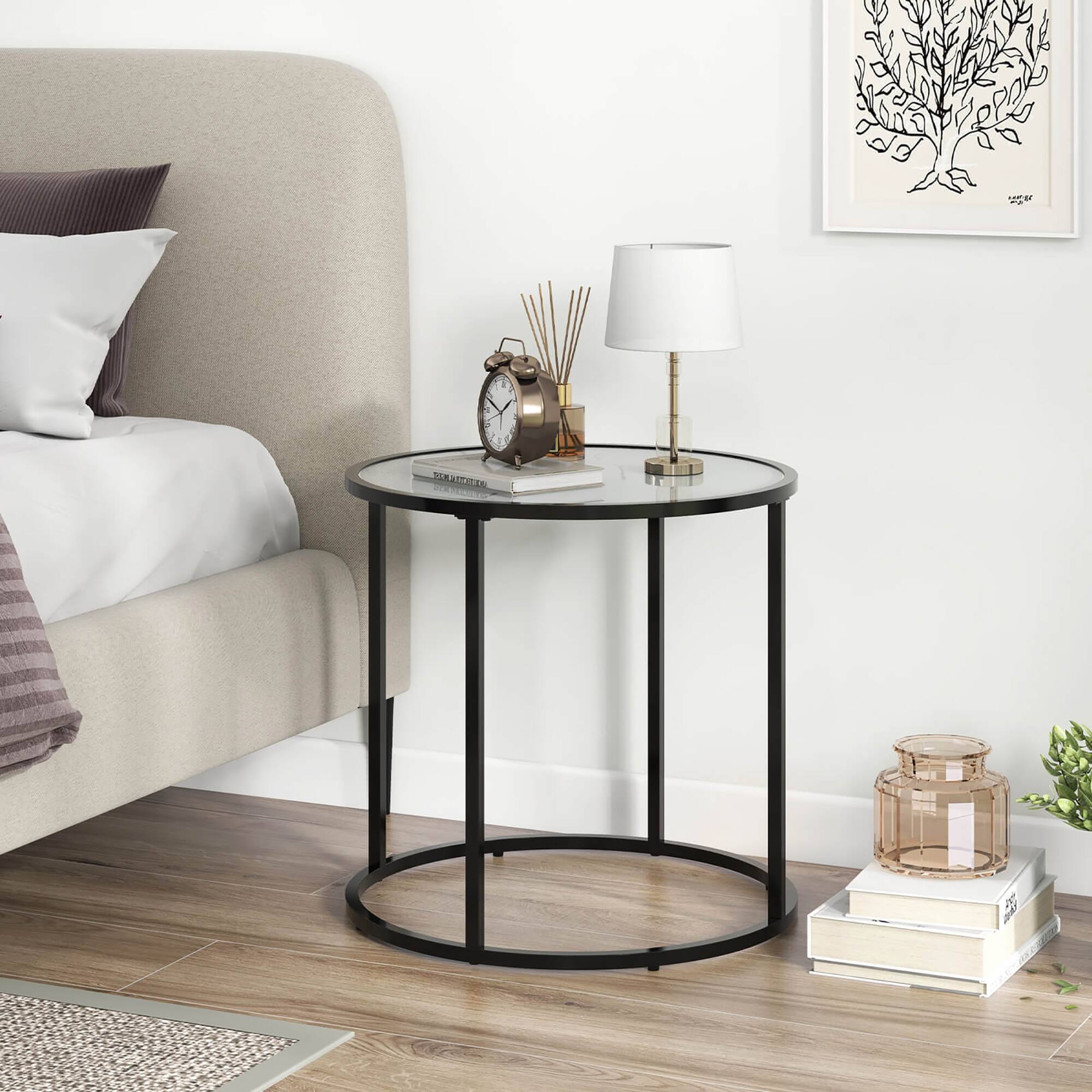 Alt View 1. Gymax - Gymax Glass End Table 20'' Round Side Table w/ Metal Frame & Faux Marble Glass Top - Black, White.