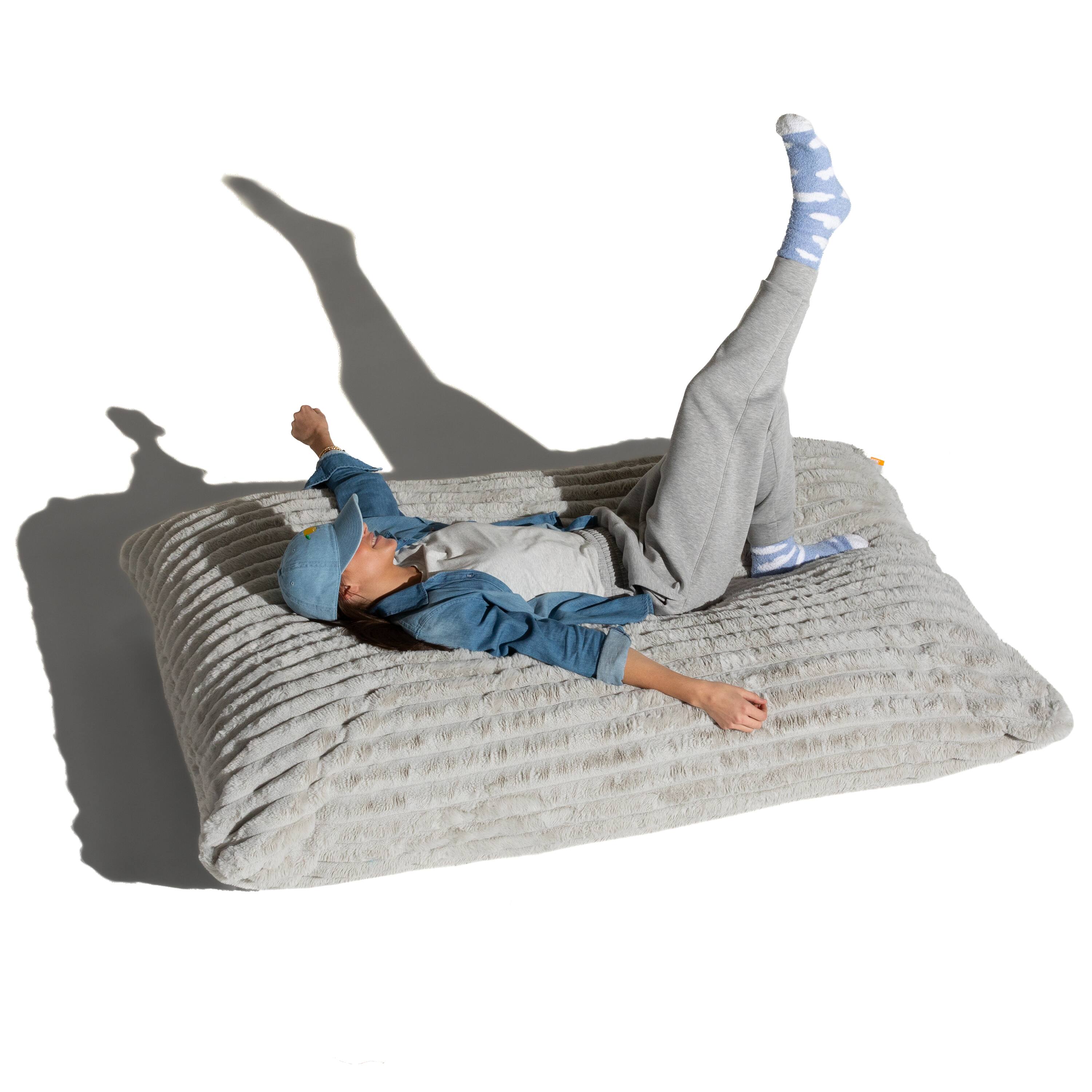 Angle. Jaxx - Pillow Saxx Dream Lounger with Wood Frame - 3-in-1 Bean Bag Accent Chair, Recliner & Sleeper Mondo Fur Grey - Mondo Fur Grey.