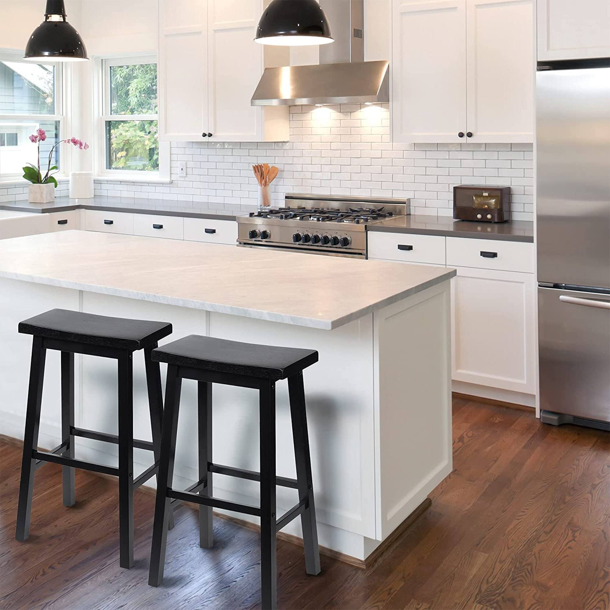 Alt View 4. PJ Wood - PJ Wood Classic Saddle-Seat 29 Inch Tall Kitchen Counter Stools, Black, Set of 2 - Black.