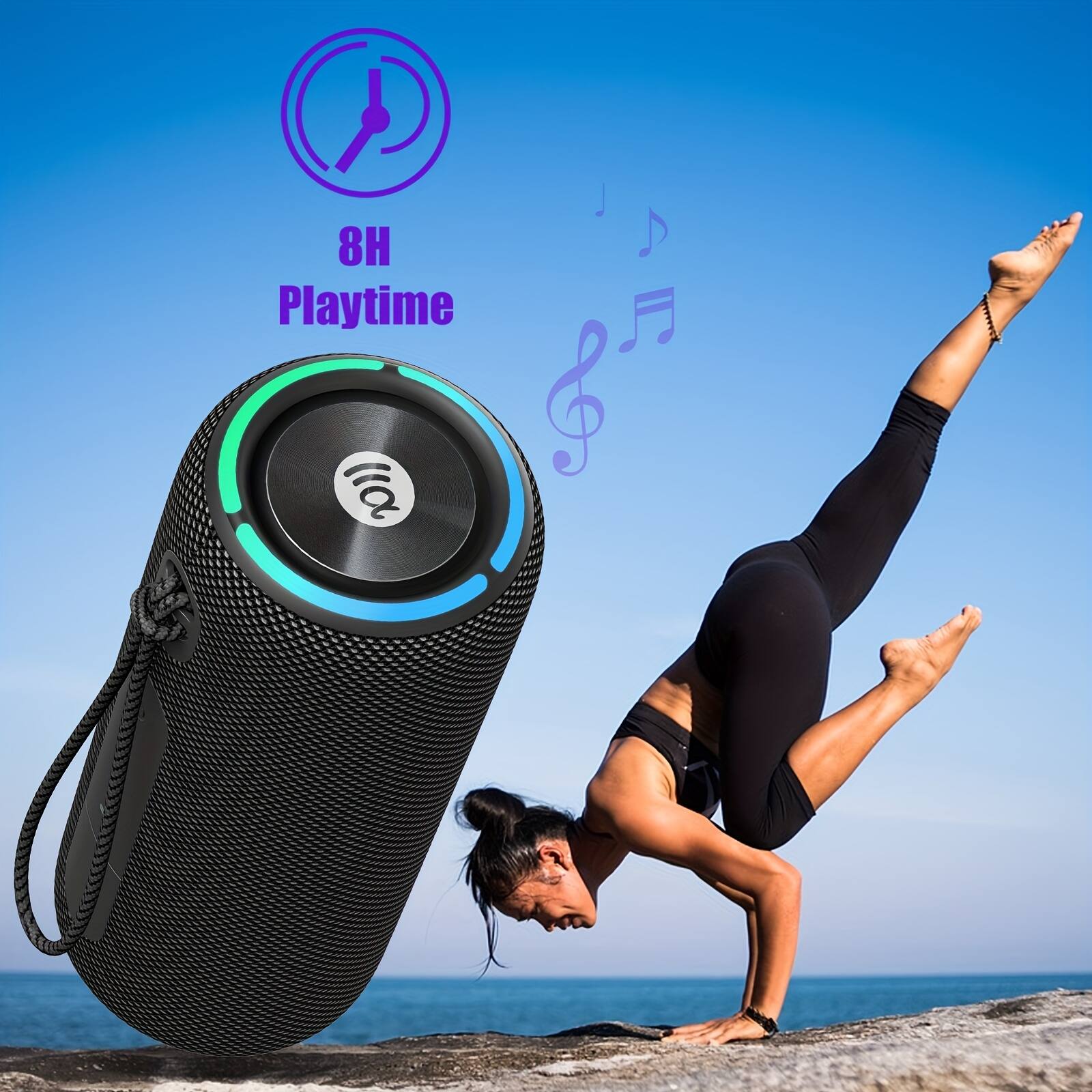 Back. Phivve - Portable Bluetooth Speaker with TF, 360° Surround Sound, 8h Playtime, Dustproof & Waterproof & Wireless - Black.