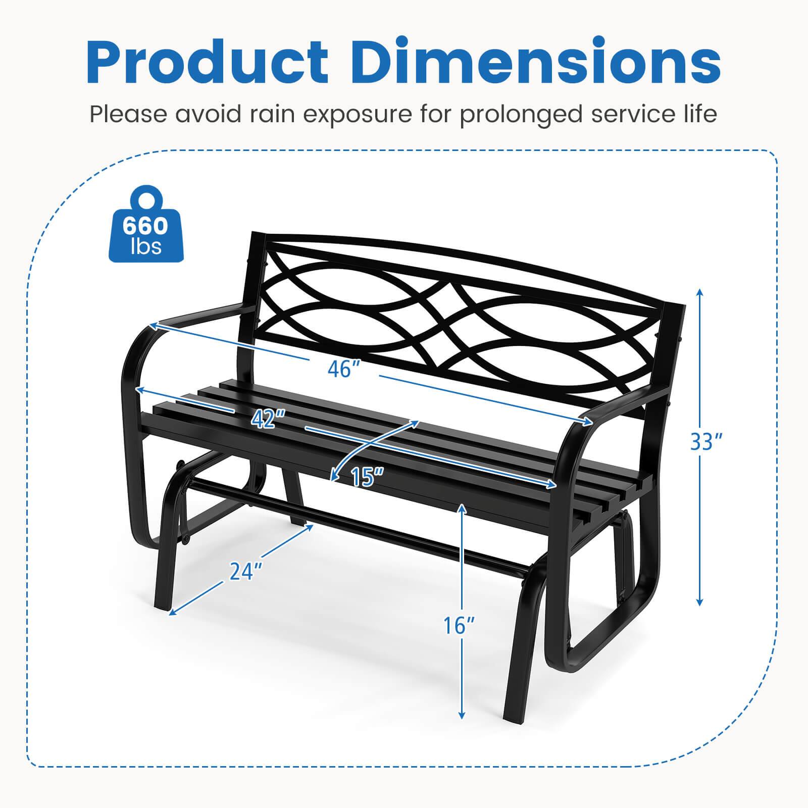 Product Dimensions
Please avoid rain exposure for prolonged service life
660 lbs
46"
42"
15"
33"
24"
16"