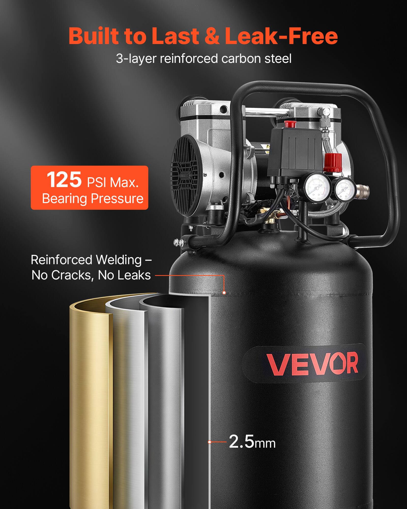 Built to Last & Leak-Free  
3-layer reinforced carbon steel  
125 PSI Max. Bearing Pressure  
Reinforced Welding - No Cracks, No Leaks  
VEVOR  
2.5mm