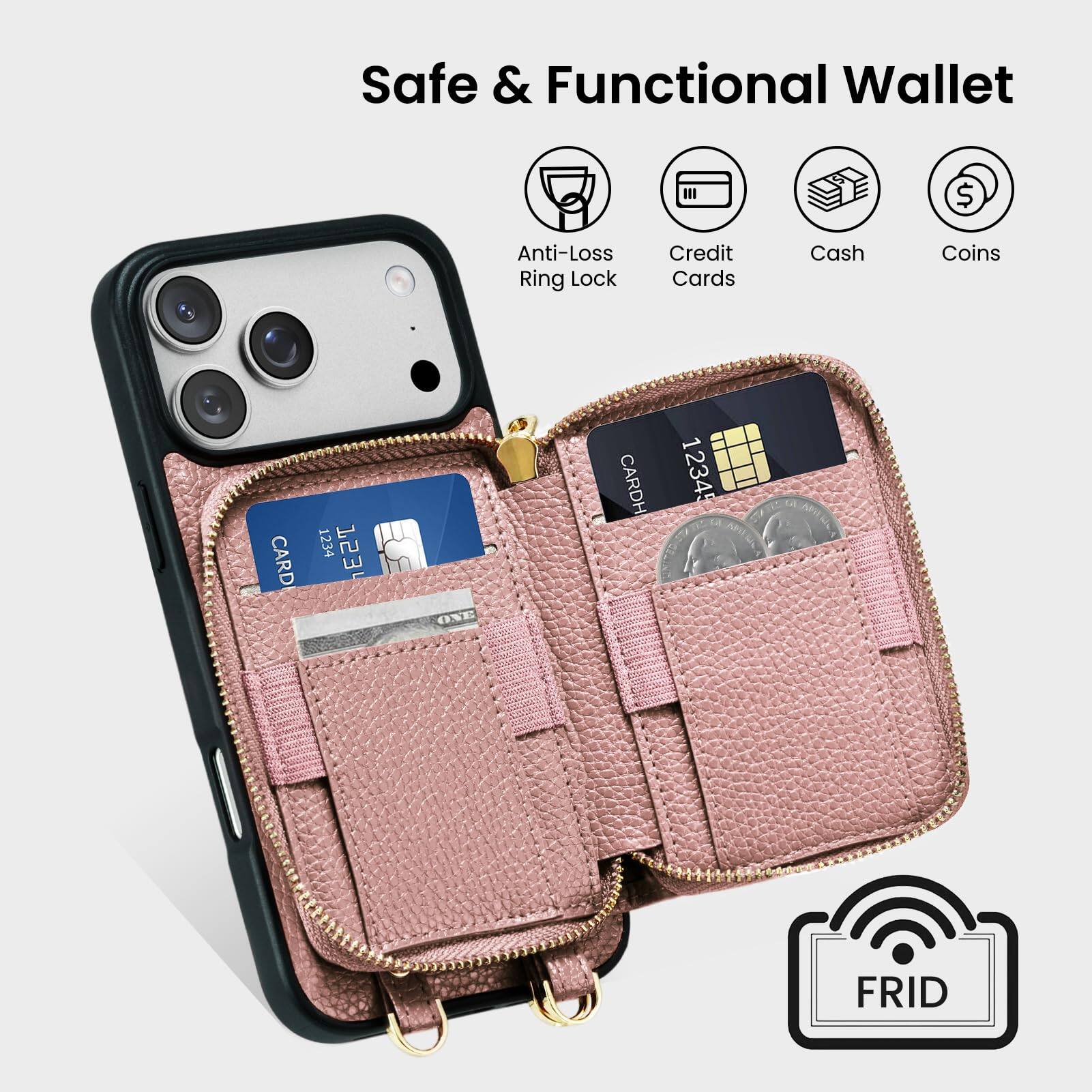 Safe & Functional Wallet

Anti-Loss Ring Lock  
Credit Cards  
Cash  
Coins  

FRID