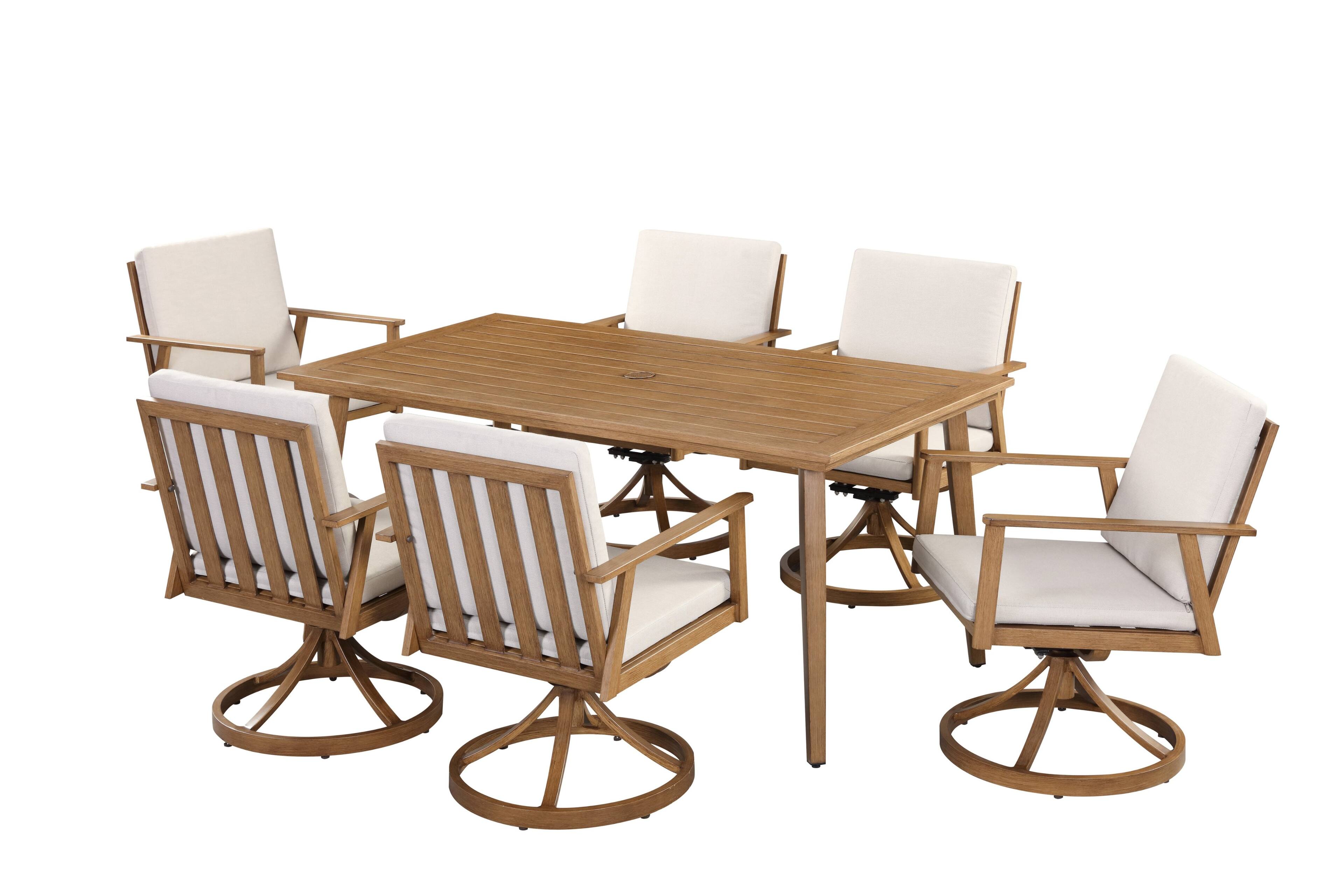 Angle. Mondawe - 7-Piece Outdoor Aluminum Patio Dining Set with Dining Table and 6 Swivel Chairs - Brown.