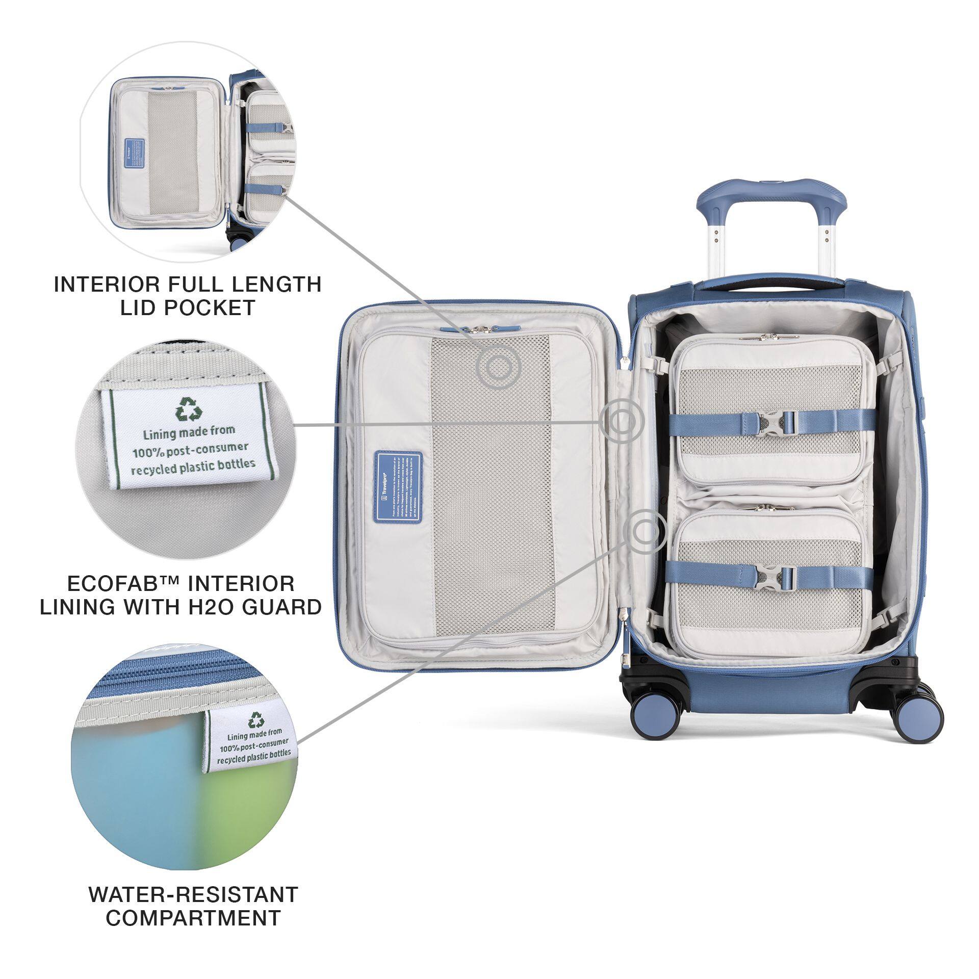INTERIOR FULL LENGTH LID POCKET made from Lining 100% post-consumer plastic bottles recycled ECOFAB™ INTERIOR LINING WITH H2O GUARD WATER-RESISTANT COMPARTMENT