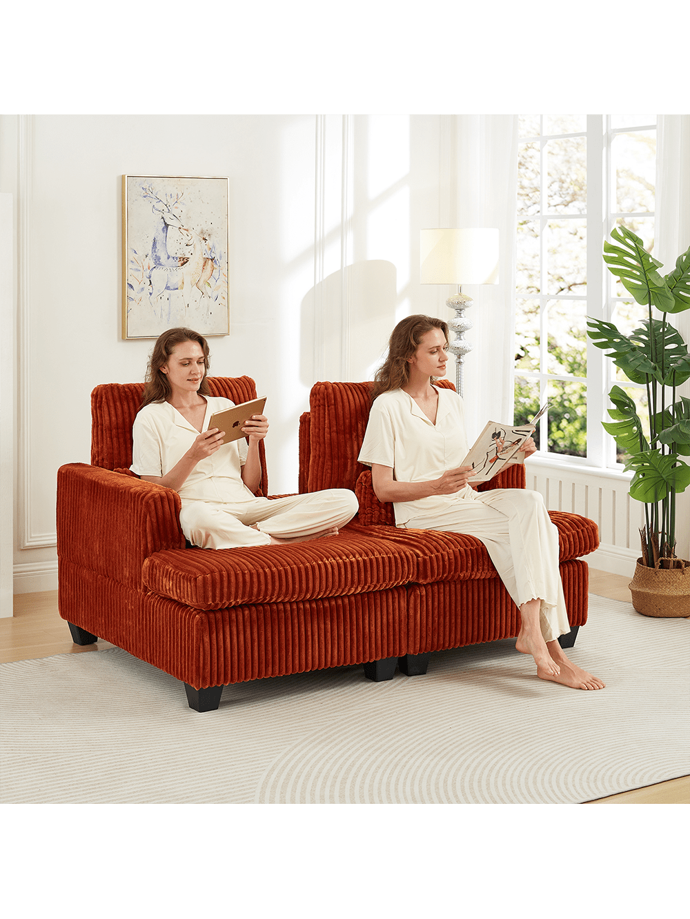 Alt View 1. Trinkets Crazed - 61 Inch Corduroy Love Seat Sofa Couch With Square Armrest,Loveseat Sleeper Couch With Adjustable Back,Double Lounge - Orange.