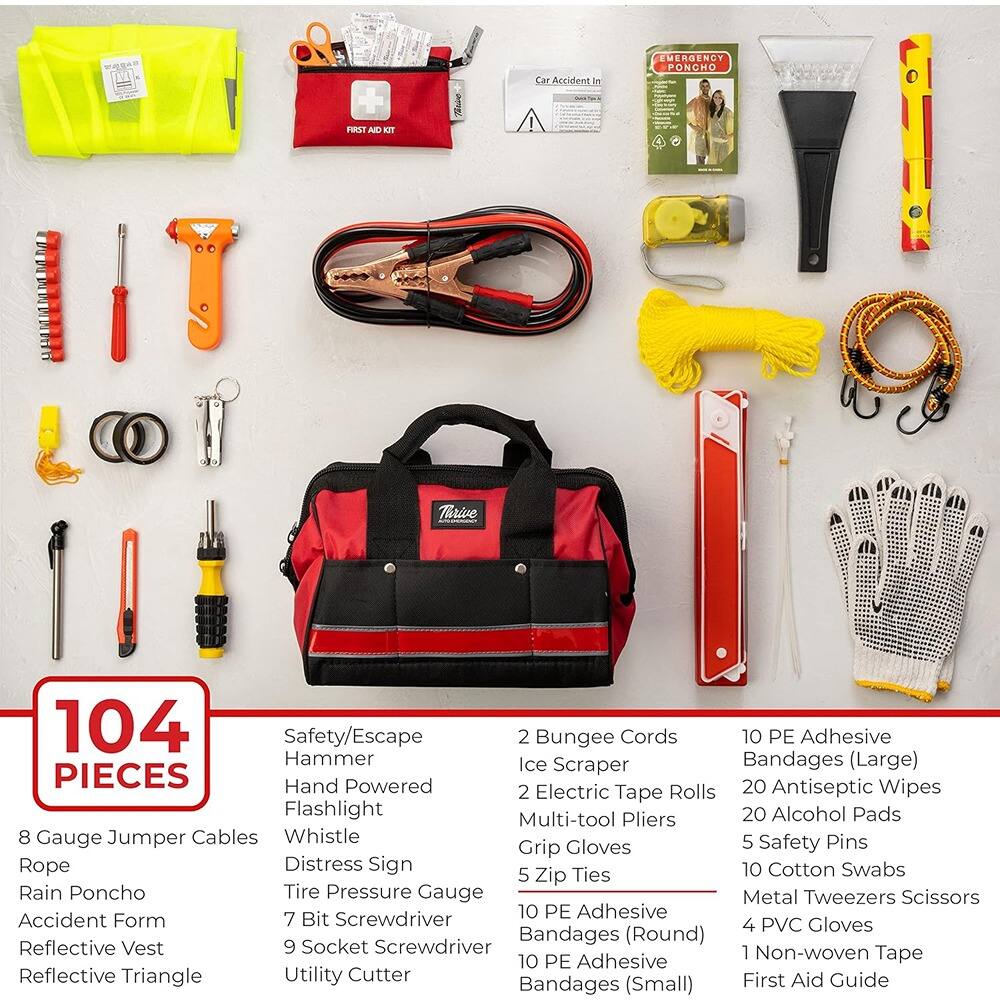 Car Accident In Emergency Pongho 1 AB SFT I Thrive 104 Safety/Escape 2 Bungee Cords 10 PE Adhesive Hammer Ice Scraper Bandages (Large) PIECES Hand Powered 20 Antiseptic Wipes 2 Electric Tape Rolls Flashlight Multi-tool Pliers 20 Alcohol Pads 8 Gauge Jumper Cables Whistle 5 Safety Pins Grip Gloves Rope Distress Sign 10 Cotton Swabs 5 Zip Ties Rain Poncho Tire Pressure Gauge Metal Tweezers Scissors 7 Bit Screwdriver 10 PE Adhesive Accident Form 4 PVC Gloves Bandages (Round) Reflective Vest 9 Socket Screwdriver 1 Non-woven 10 PE Adhesive Tape Reflective Triangle Utility Cutter First Aid Guide Bandages (Small)