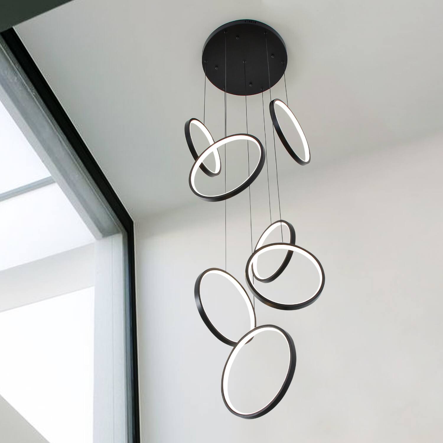 Alt View 3. Umeiluce - Dimmable LED Geometric Chandelier Hanging Pendant for Staircase Stairs - Matte Black.