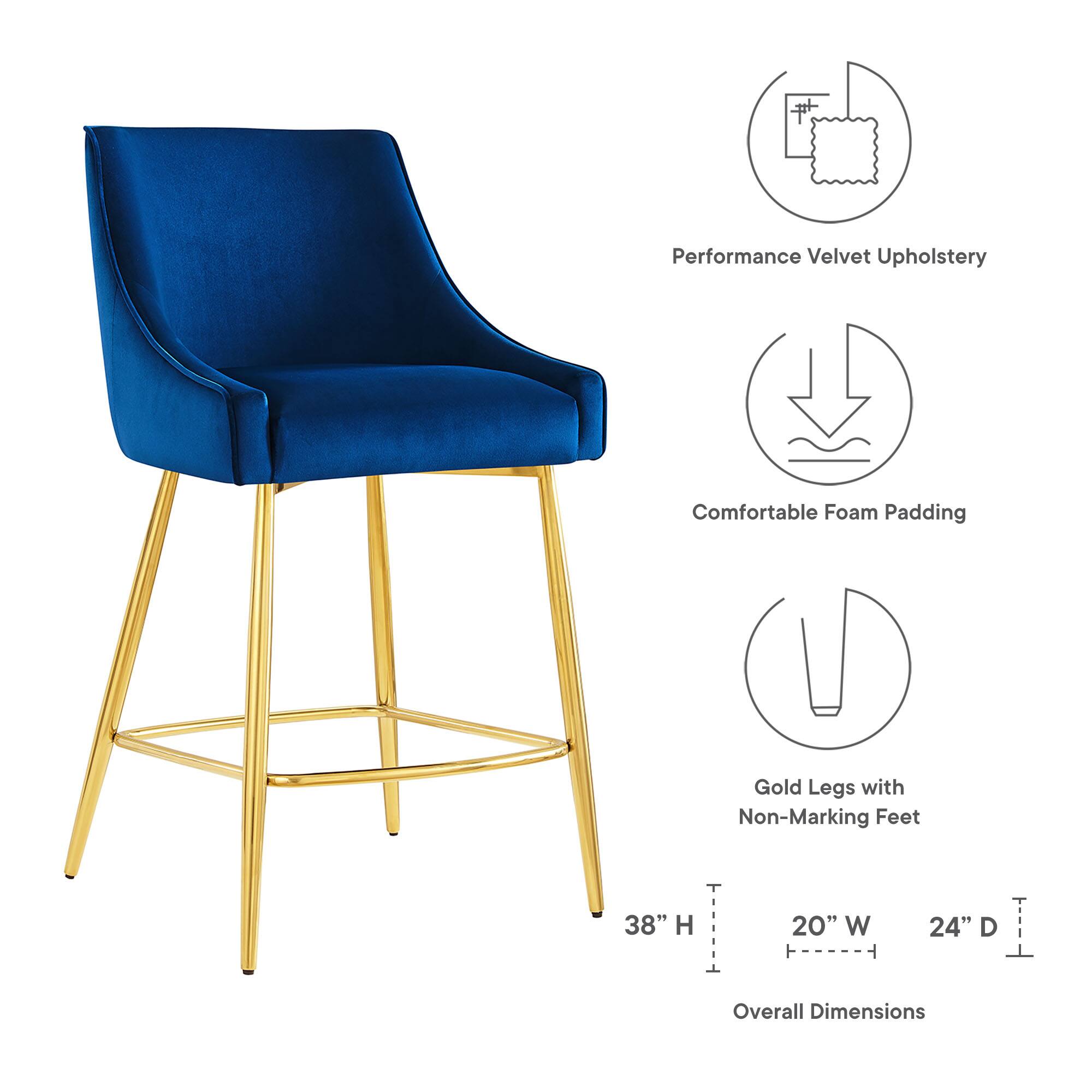 Performance Velvet Upholstery  
Comfortable Foam Padding  
Gold Legs with Non-Marking Feet  

Overall Dimensions:  
38" H x 20" W x 24" D