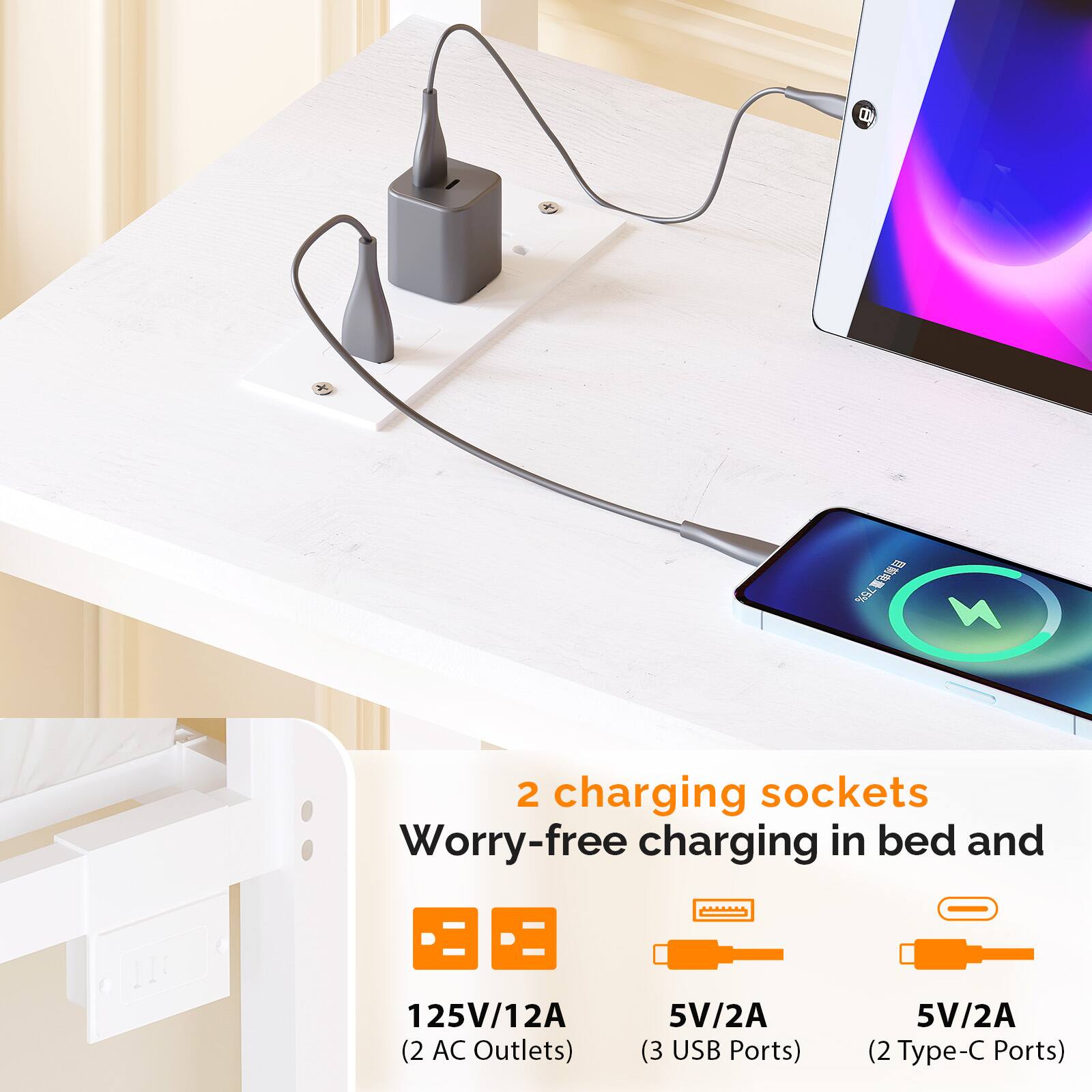 702% 2 charging sockets  
Worry-free charging in bed and  
125V/12A (2 AC Outlets)  
5V/2A (3 USB Ports)  
5V/2A (2 Type-C Ports)