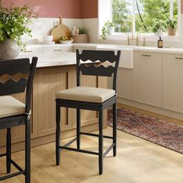 Jax Oak Wood Counter Stool With Wavy Razor Back and Cushion by Modway - Black Linen