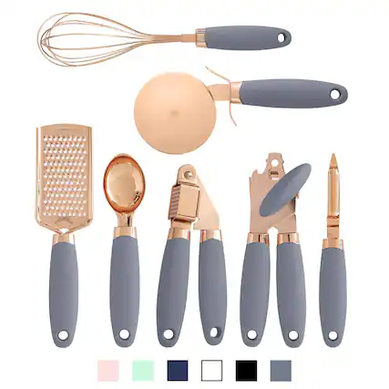 Front. Dazzed Corner - Kitchen Gadget Set Copper Plated Stainless Steel Utensils with Soft Touch Handles, Copper Grey, 7 Pieces - Copper Grey.