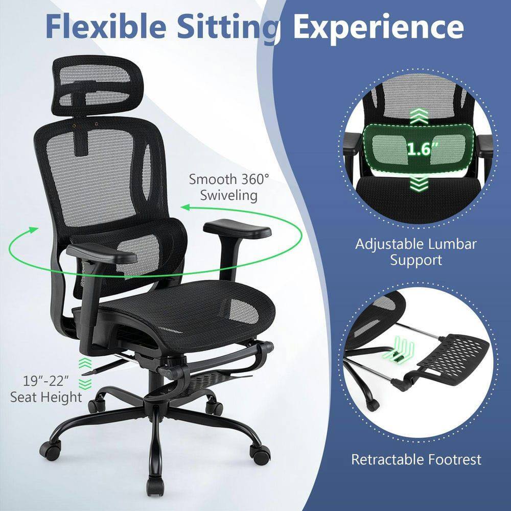 Flexible Sitting Experience  
1.6" Adjustable Lumbar Support  
Smooth 360° Swiveling  
19"-22" Seat Height  
Retractable Footrest
