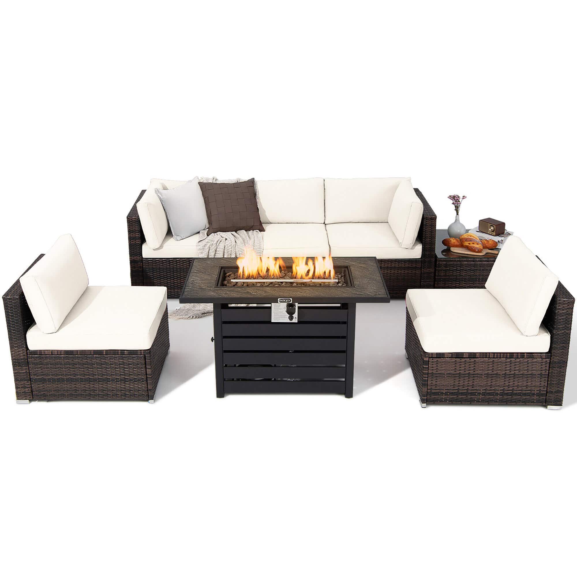 Gymax - 7PCS Patio Rattan Furniture Set 42'' Fire Pit Table w/ Cover Cushioned - Off White