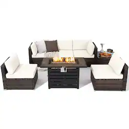 Gymax - 7PCS Patio Rattan Furniture Set 42'' Fire Pit Table w/ Cover Cushioned - Off White