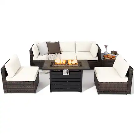 Front. Gymax - Gymax 7PCS Patio Rattan Furniture Set 42'' Fire Pit Table w/ Cover Cushioned Off White - Off White.