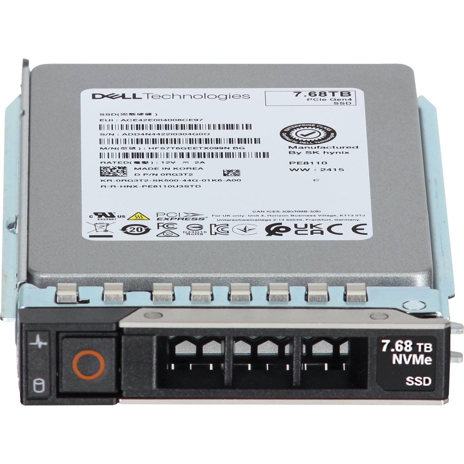 DELL Technologies  
7.68TB PCIe Gen4 NVMe SSD  

SSD (固态硬盘)  
EUI: ACE42E00408CE97  
S/N: ADD4N442210304600  
M/N (型号): HFS7T6GEEETX099N  
RATED (额定): 12V 2A  
MADE IN KOREA  
KR-0FGC32-8K600-446-01K6-A00  
R-R-HNX-PEB110U03STD  

Manufactured By SK hynix  
PEB110  
WW: 2415  

7.68 TB NVMe SSD  

Certifications:  
CE, FCC, RoHS, etc.  

Additional Information:  
- Rated Voltage: 12V  
- Rated Current: 2A  
- Made in Korea  
- Compliance with various international standards