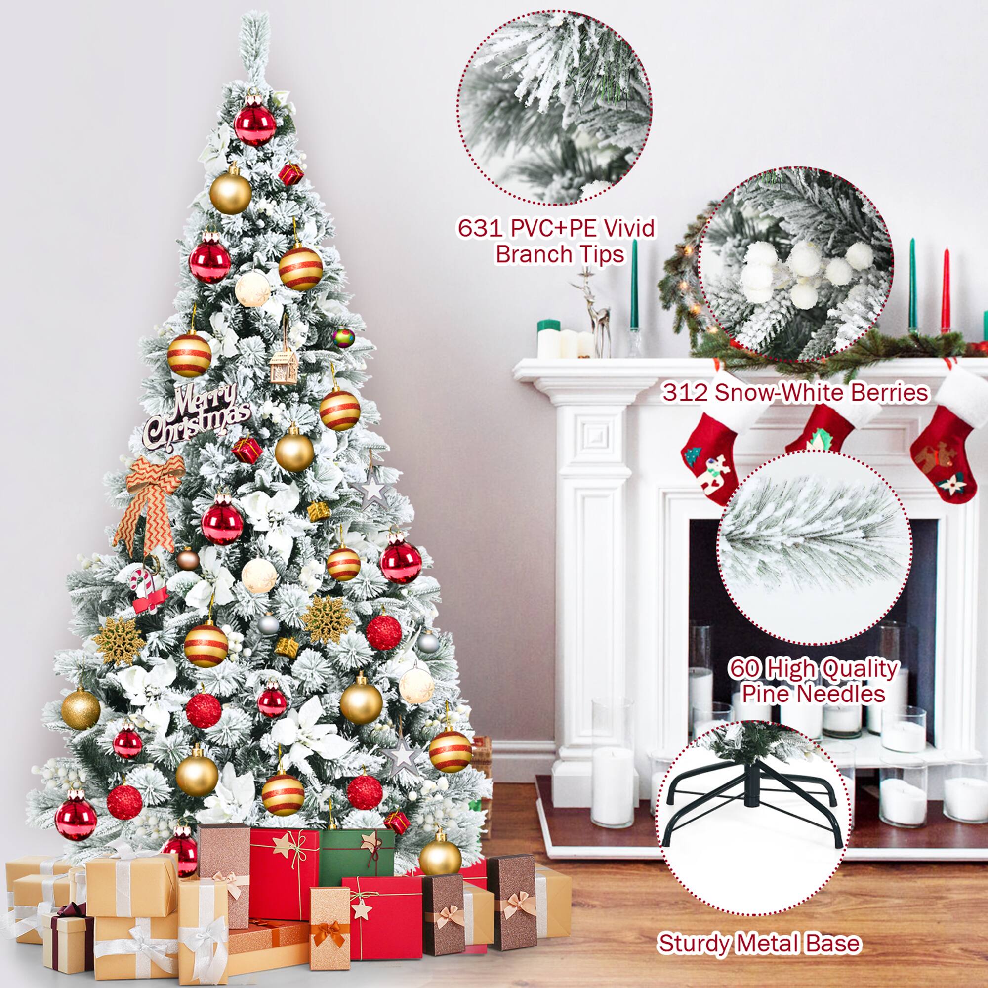 - 631 PVC+PE Vivid Branch Tips
- 312 Snow-White Berries
- 60 High Quality Pine Needles
- Sturdy Metal Base