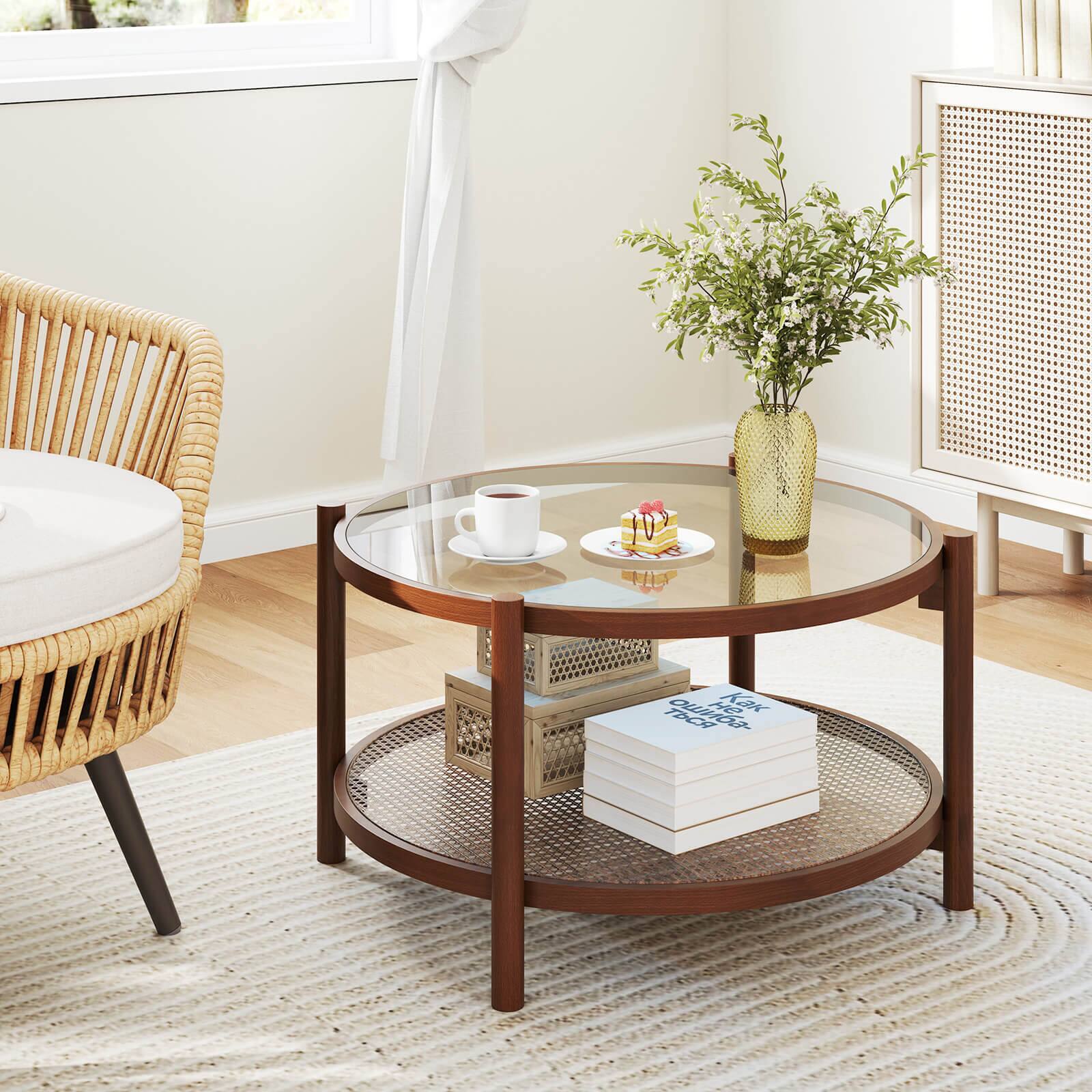Alt View 3. Costway - Costway Wooden 31" Round Coffee Table with Tempered Glass Top Handmade Rattan Shelf - Brown.