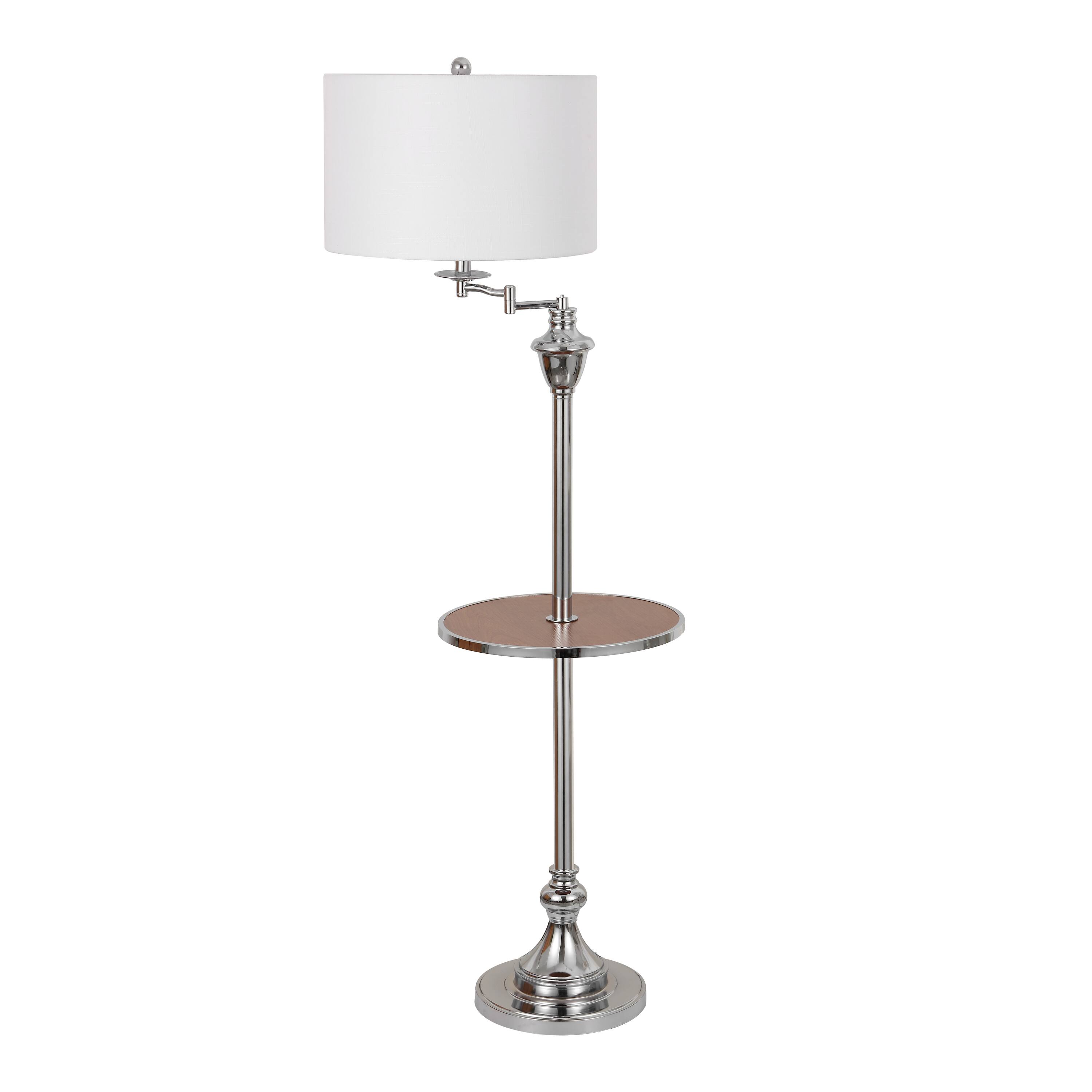 Alt View 6. Jonathan Y - Cora 60" Modern Metal LED Floor Lamp with Integrated Wood Side Table and Swing Arm, Chrome/Brown Wood - Chrome/Brown Wood.