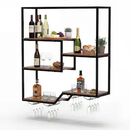 Costway - Wine Rack Wall Mounted, Wine Bottle Display Shelf with 4 Wine Glass Holders & Sturdy Metal Frame - Rustic Brown, Black
