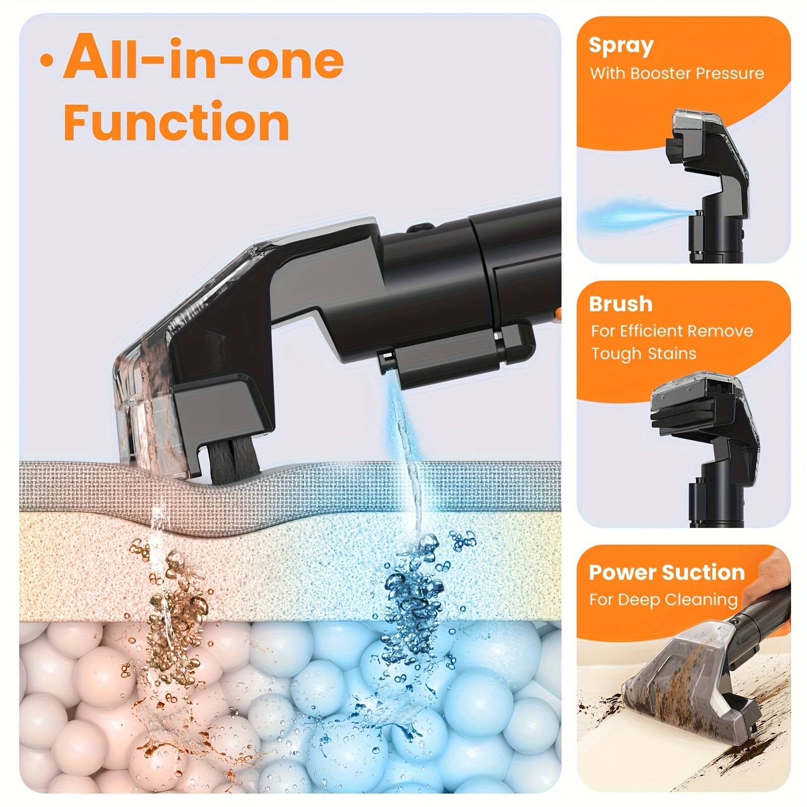 - All-in-one Function

- Spray
  With Booster Pressure

- Brush
  For Efficient Remove Tough Stains

- Power Suction
  For Deep Cleaning