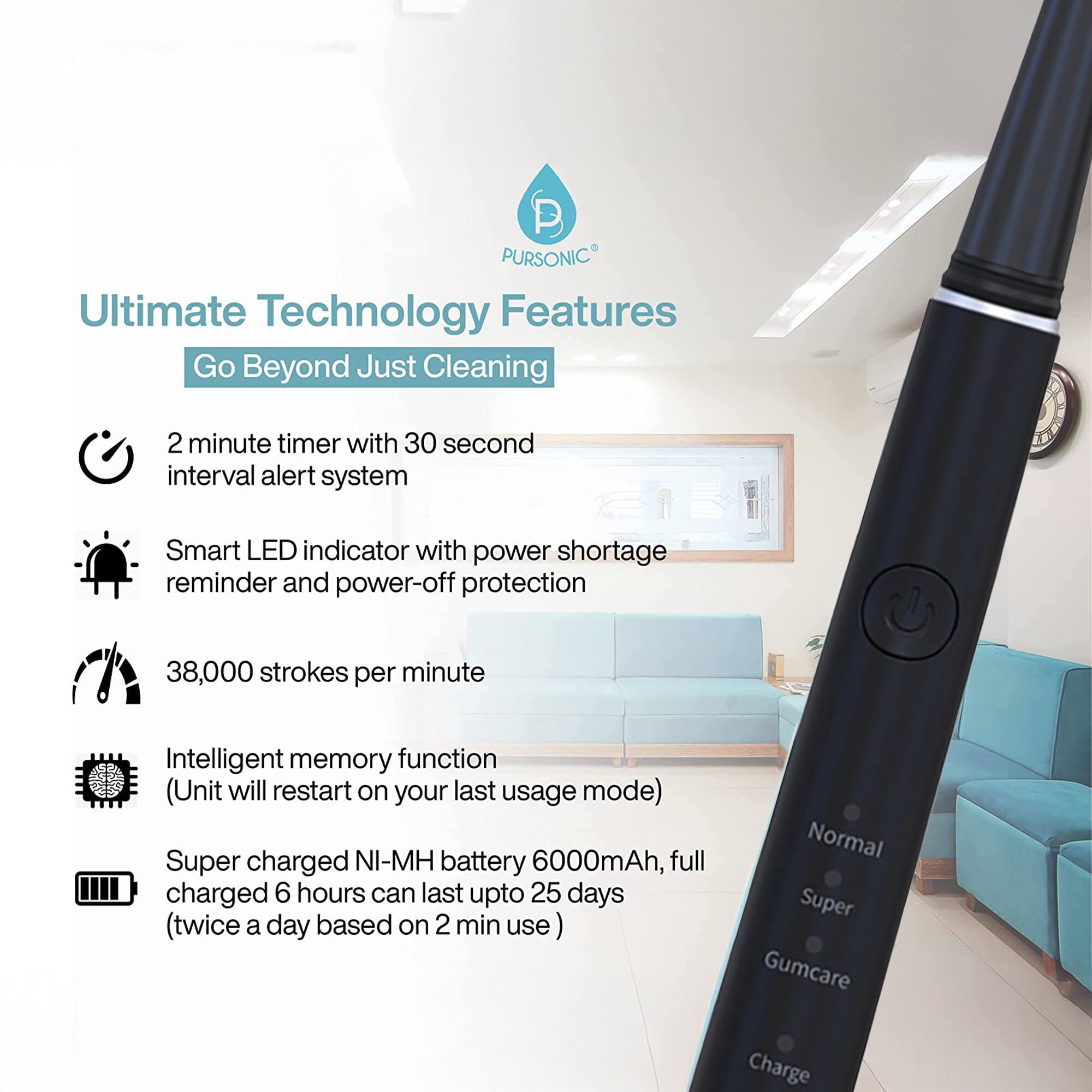 Pursonic Ultimate Technology Features Go Beyond Just Cleaning

- 2 minute timer with 30 second interval alert system
- Smart LED indicator with power shortage reminder and power-off protection
- 38,000 strokes per minute
- Intelligent memory function (Unit will restart on your last usage mode)
- Super charged Ni-MH battery 6000mAh, full charged 6 hours can last up to 25 days (twice a day based on 2 min use)

Normal Super Gumcare Charge