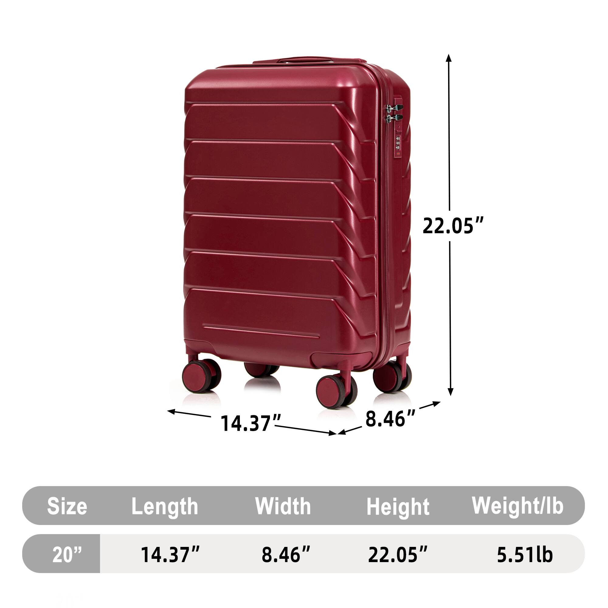 22.05"  
14.37"  
8.46"  
Size  
Length  
Width  
Height  
Weight/lb  
20"  
14.37"  
8.46"  
22.05"  
5.51lb