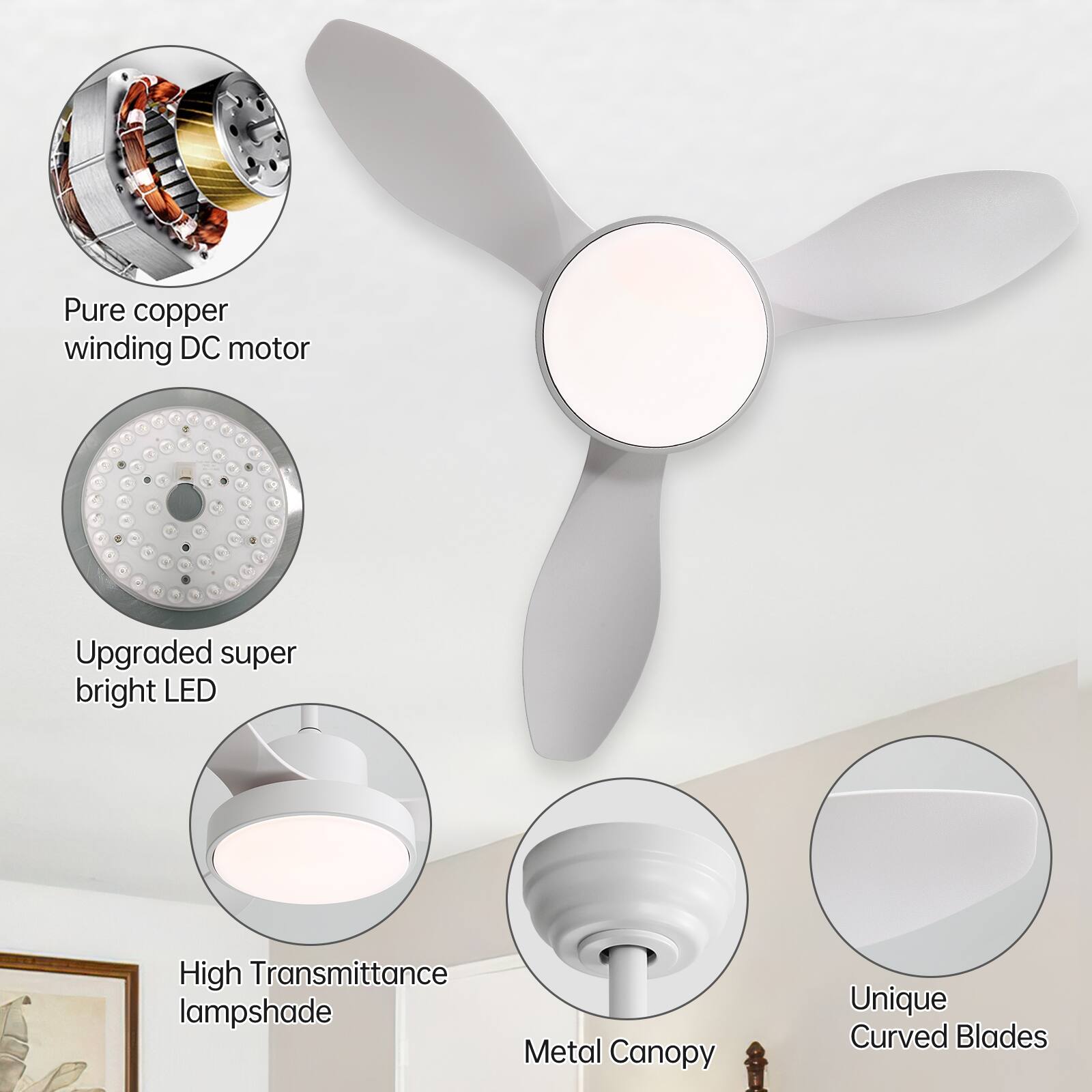 Pure copper winding DC motor  
Upgraded super bright LED  
High Transmittance lampshade  
Metal Canopy  
Unique Curved Blades