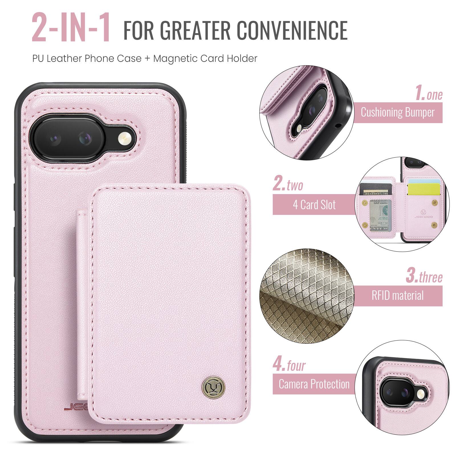 2-IN-1 FOR GREATER CONVENIENCE  
PU Leather Phone Case + Magnetic Card Holder  

1. one  
Cushioning Bumper  

2. two  
4 Card Slot  

3. three  
RFID material  

4. four  
Camera Protection