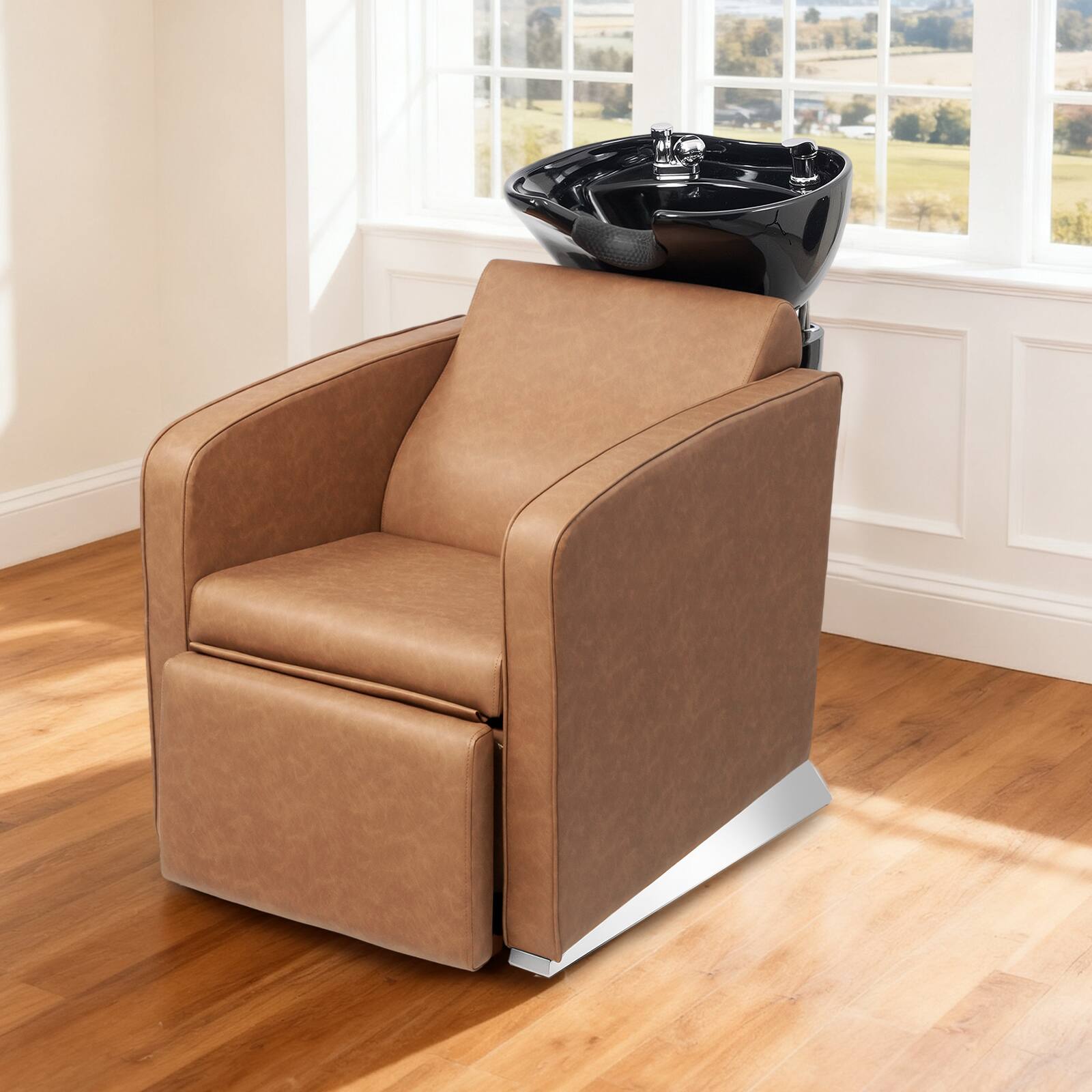 Alt View 3. Winado - Backwash Shampoo Unit Salon Chair Hair Washing Station with Ceramic Bowl & Adjustable Footrest for Beauty Spa Barbershop - Brown.