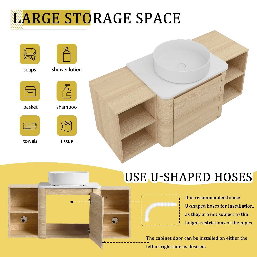 LARGE STORAGE SPACE

- soaps
- shower lotion
- basket
- shampoo
- towels
- tissue

USE U-SHAPED HOSES

It is recommended to use U-shaped hoses for installation, as they are not subject to the height restrictions of the pipes.

The cabinet door can be installed on either the left or right side as desired.