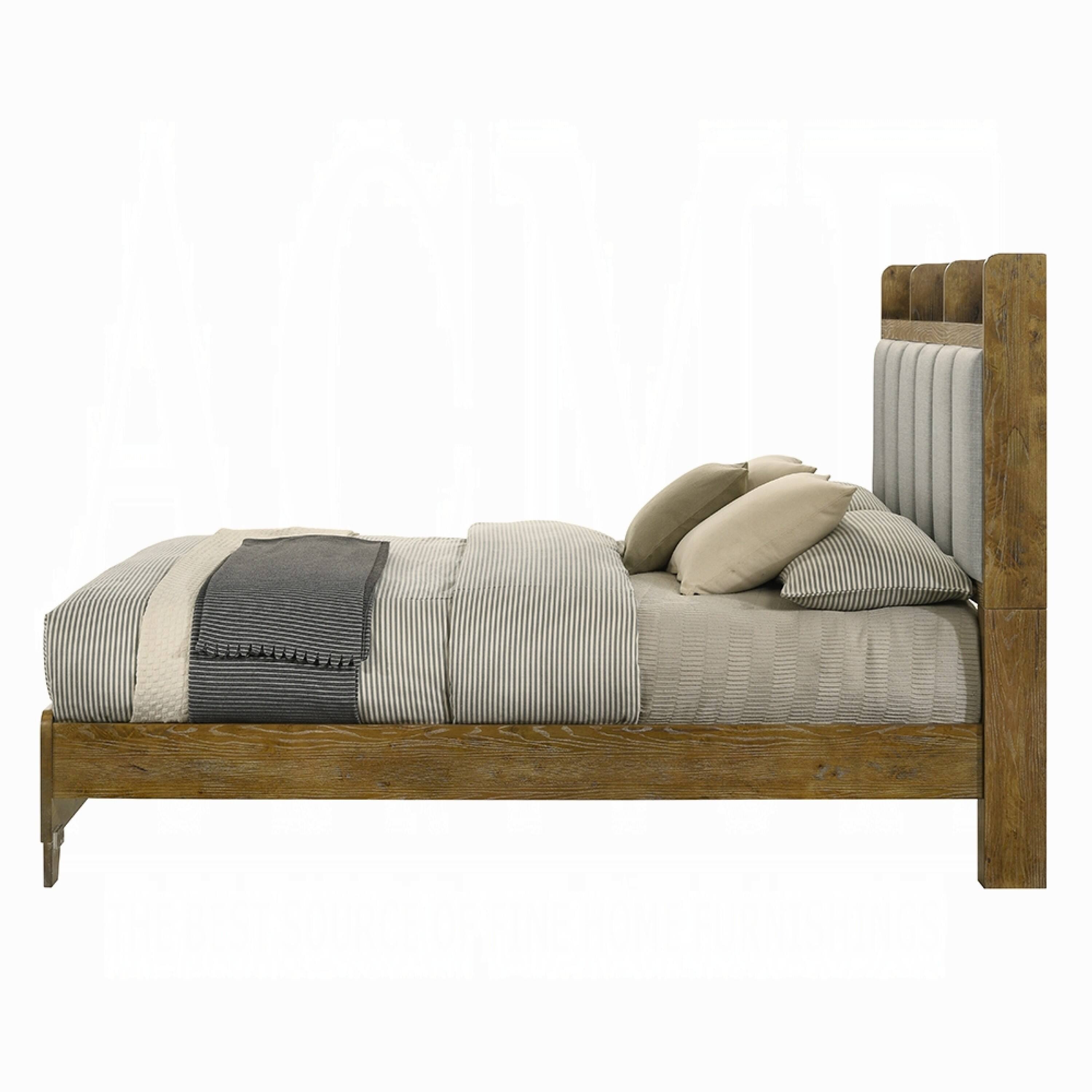 Alt View 2. Manhattan Lane - Gary Queen Size Bed with Tufted Headboard and USB Ports, Aspen Brown Wood - Light Aspen Brown, Gray.