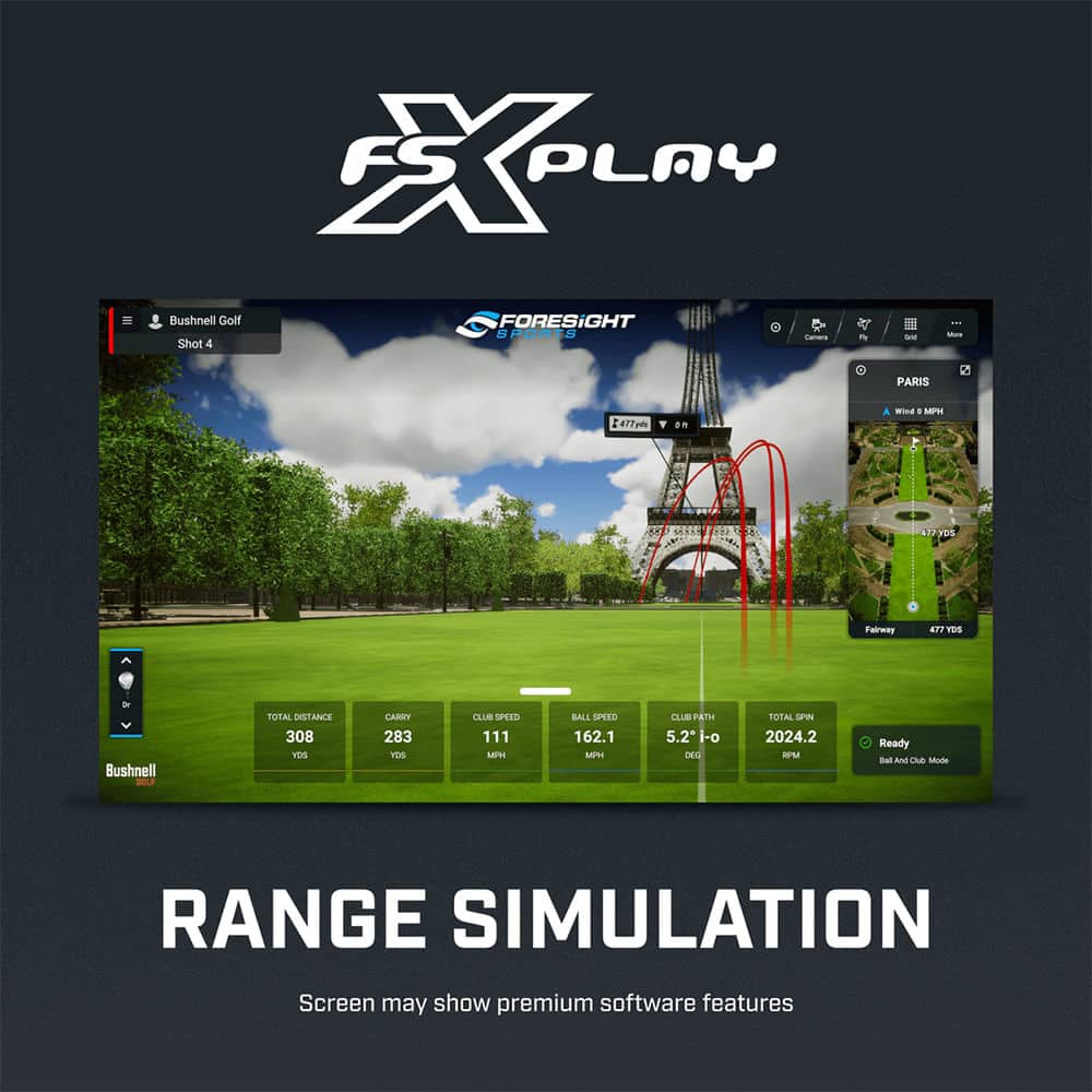 The text on the image is grouped and corrected as follows:
* KpL FS PLAY Bushnell Golf FORESIGHT 5 SPORTS P - Shot 4 - PARIS 477p - - - 17 yos Fairwey 47 YDS de Bushnell TOTAL DISTANCE 308 VES CARSY 283 IDE CALE GEPN 111 M DALE GPED 162.1 MPH CLBS PAIR 5.2 i-o DEG TOTAL at 2024.2 I Ready Bat And INA MU RANGE SIMULATION Screen may show premium software features.