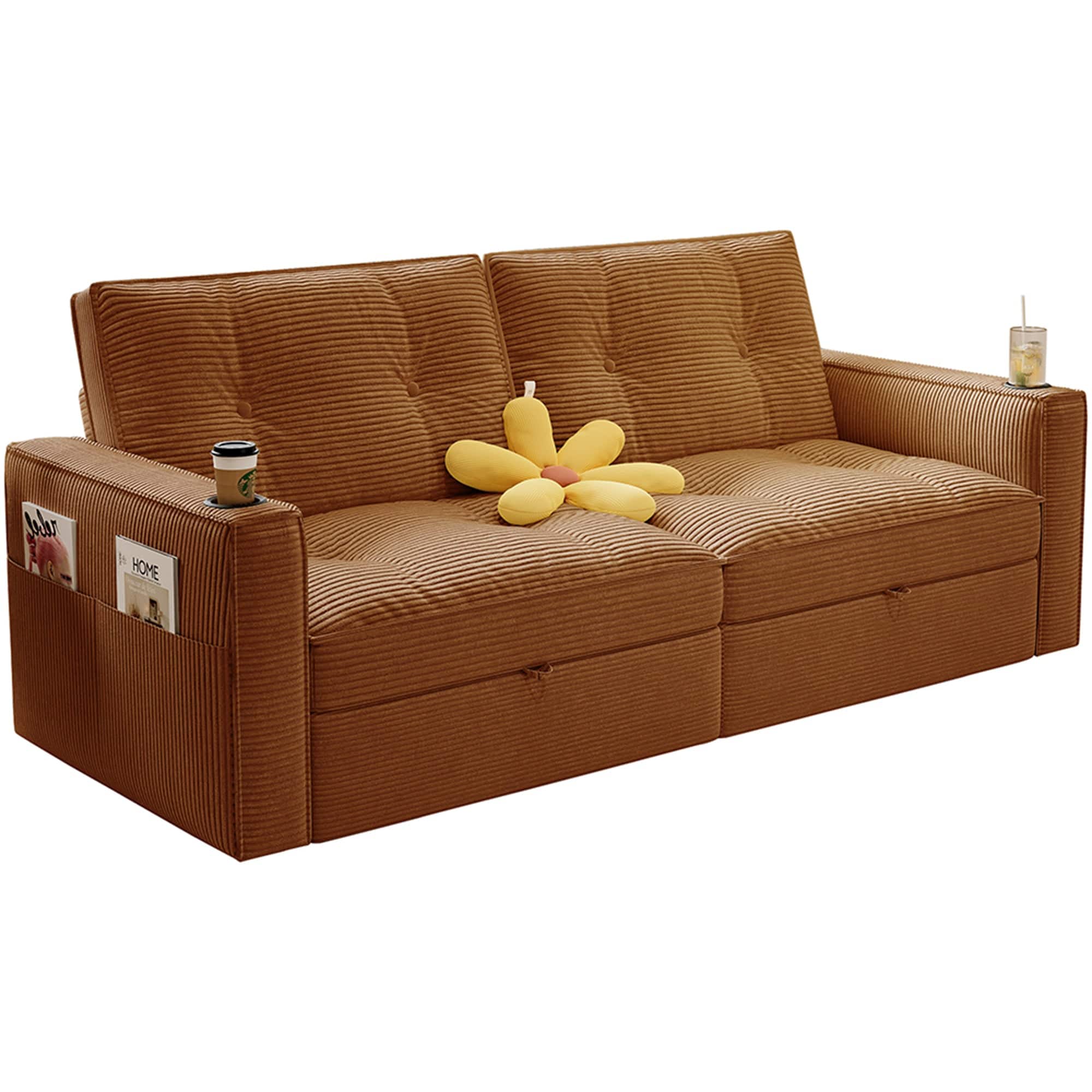 Boyel Living - SOMNUS 2 in 1 Convertible Sofa Bed Corduroy Steel Frame 600 lbs Load Capacity Small Space Orange - Orange