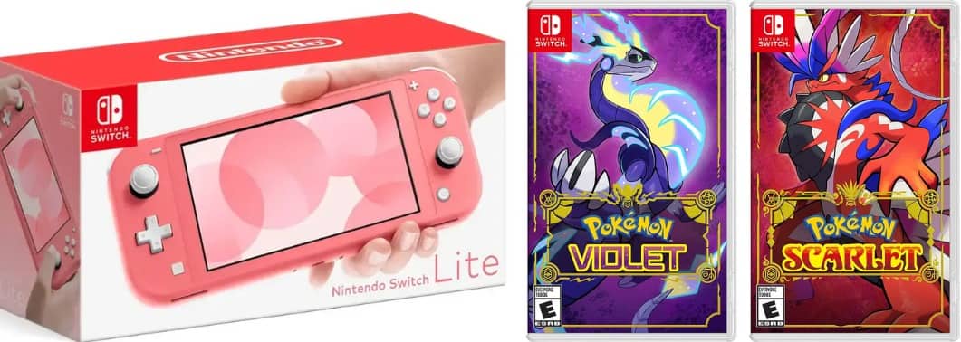 Switch Lite Coral Bundle With Pokemon Scarlet & Violet Games - Nintendo Switch