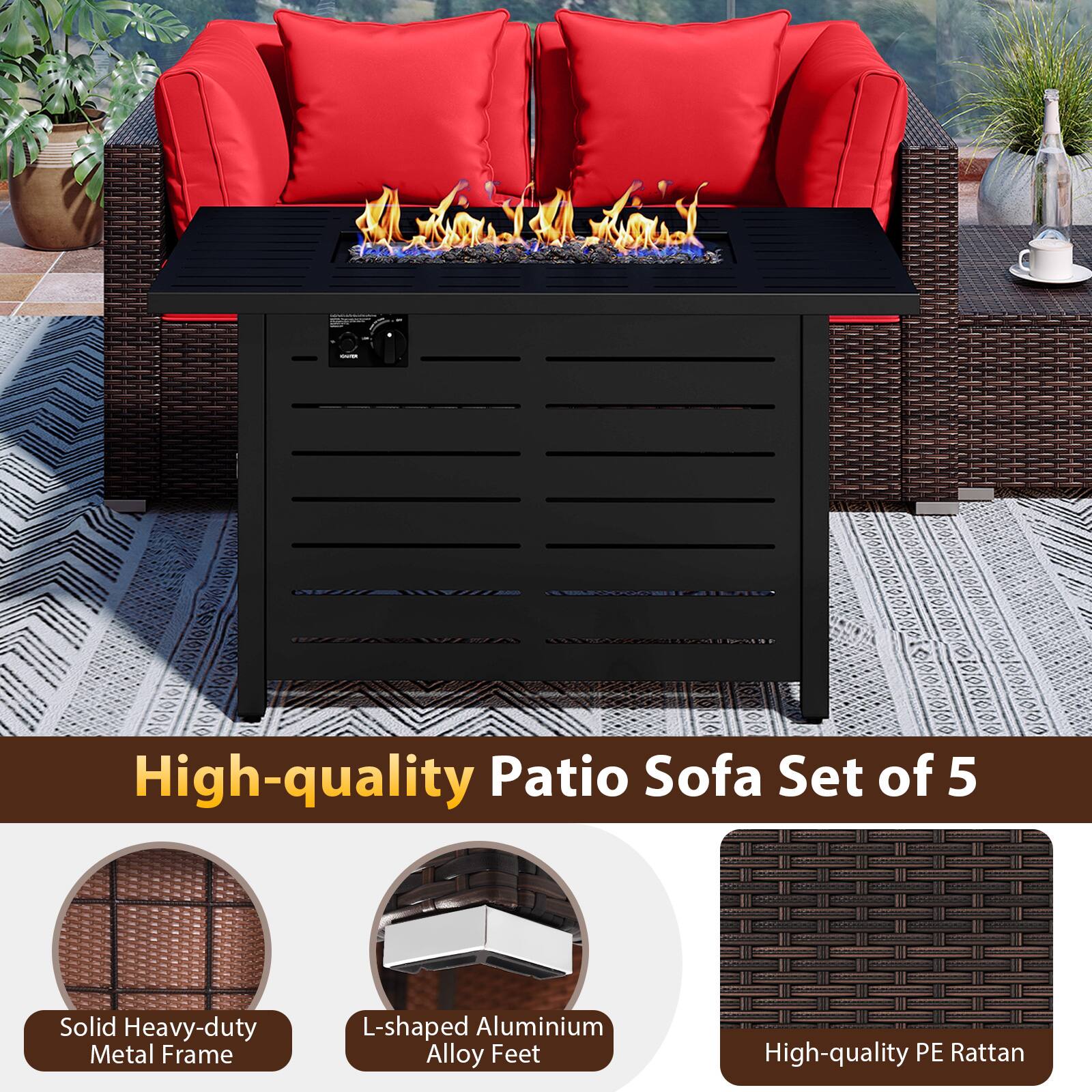 High-quality Patio Sofa Set of 5

- Solid Heavy-duty Metal Frame
- L-shaped Aluminium Alloy Feet
- High-quality PE Rattan
