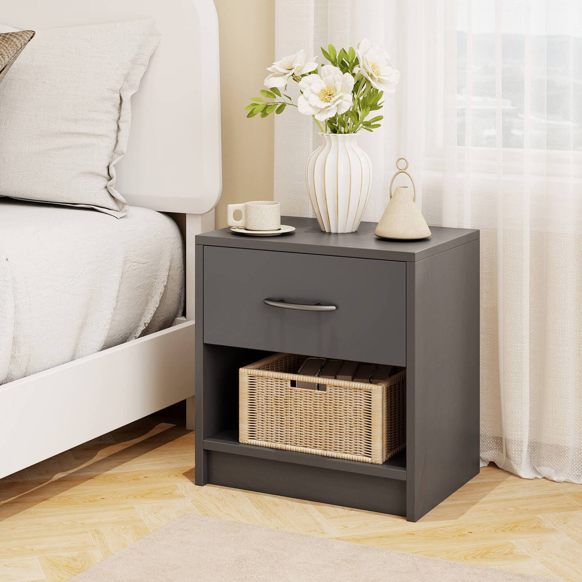 Alt View 1. Costway - Costway Modern Nightstand Bedside Table with Drawer Open Storage Shelf for Small Spaces - Dark Gray.