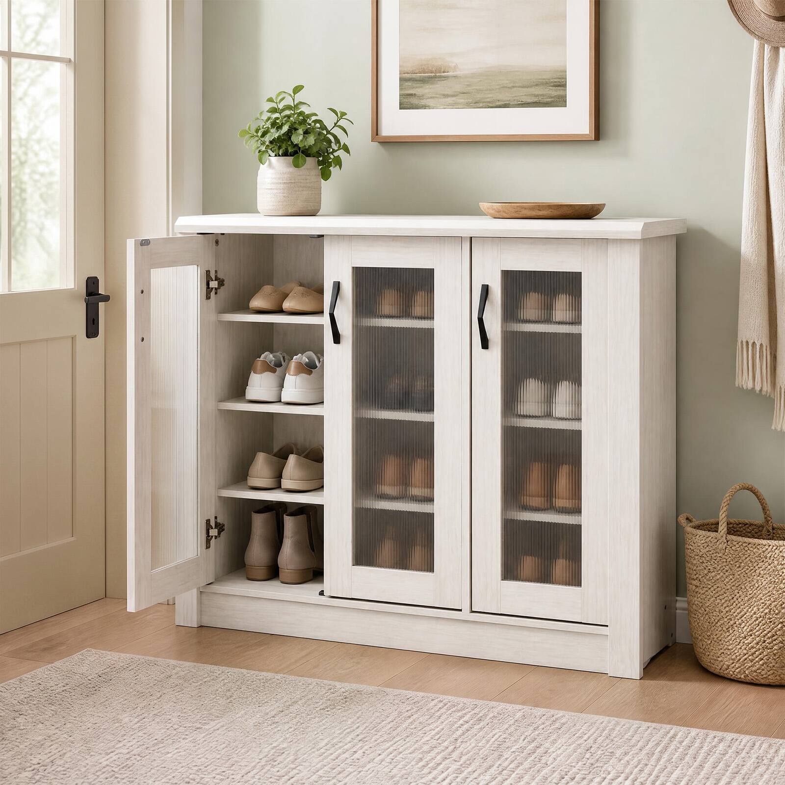 Alt View 1. Costway - Costway 3-Door Shoe Cabinet with Removable Shelves, Fluted Transparent Doors, Cable Holes - 3-Door White.