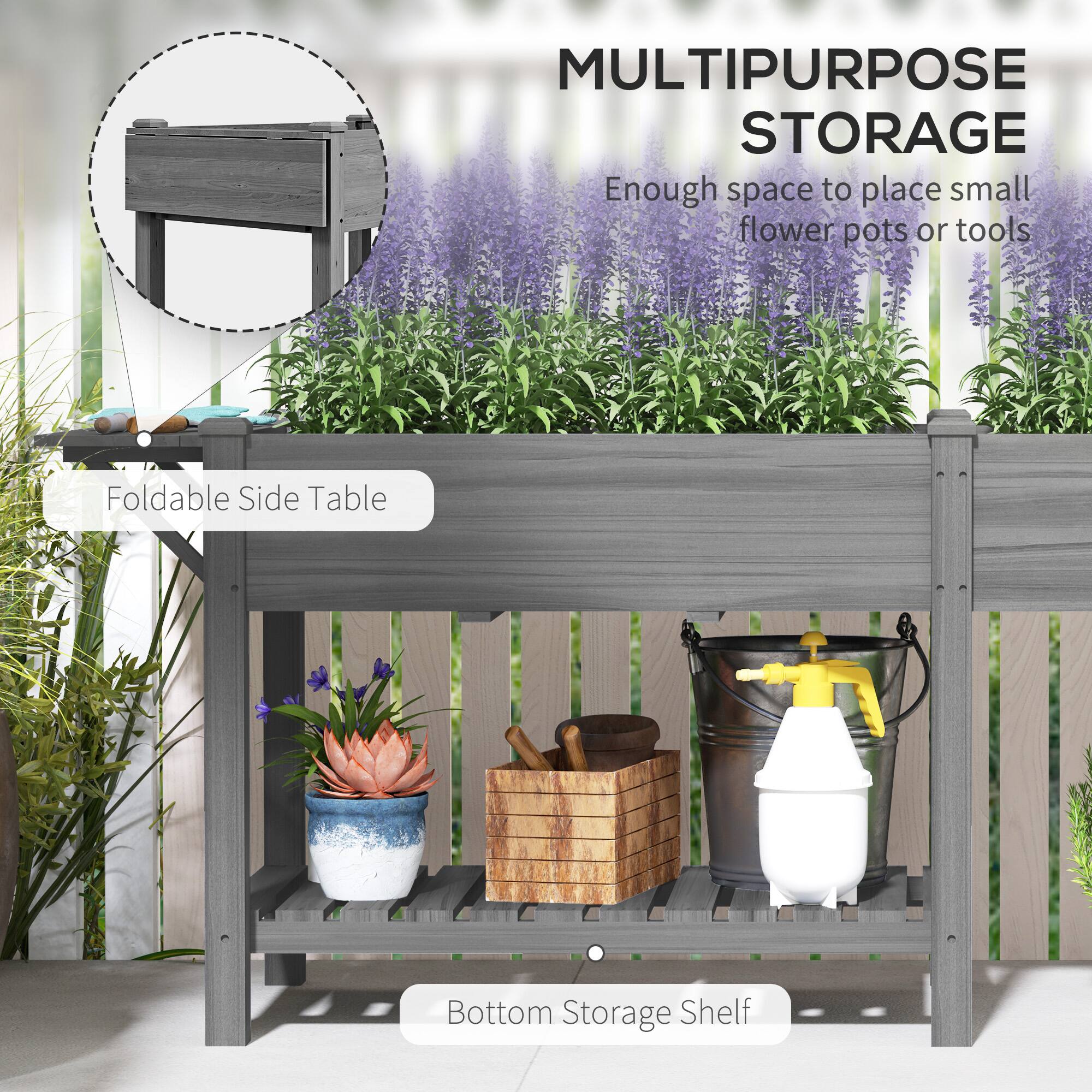 MULTIPURPOSE STORAGE  
Enough space to place small flower pots or tools  

Foldable Side Table  

Bottom Storage Shelf