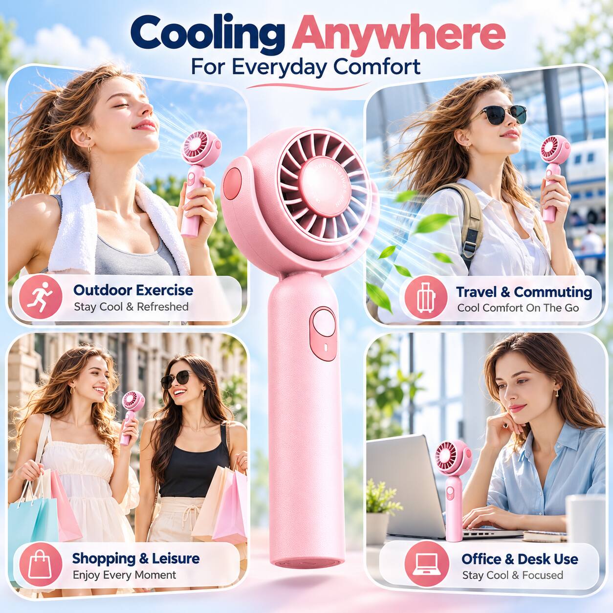 Cooling Anywhere For Everyday Comfort

Outdoor Exercise Stay Cool & Refreshed

Travel & Commuting Cool Comfort On The Go

Shopping & Leisure Enjoy Every Moment

Office & Desk Use Stay Cool & Focused
