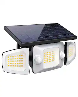 Adewalk - 270 Degree 3 Head Solar Flood Light IP67 Waterproof Motion Sensor Remote Security Light for Garage Yard - White