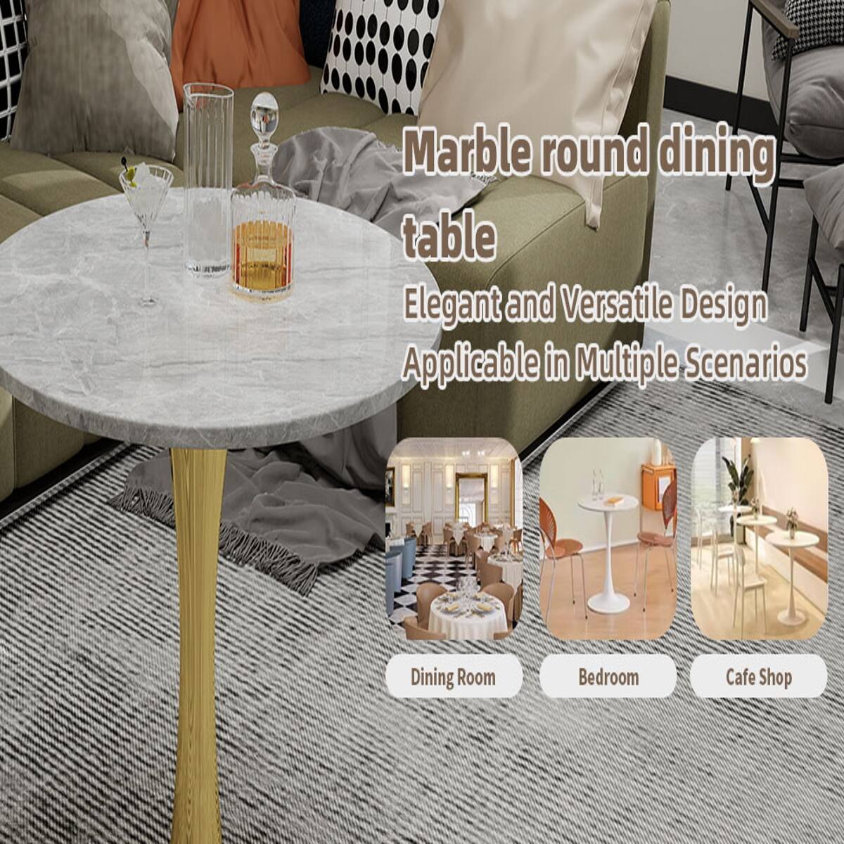 Marble round dining table  
Elegant and Versatile Design  
Applicable in Multiple Scenarios  

Dining Room  
Bedroom  
Cafe Shop