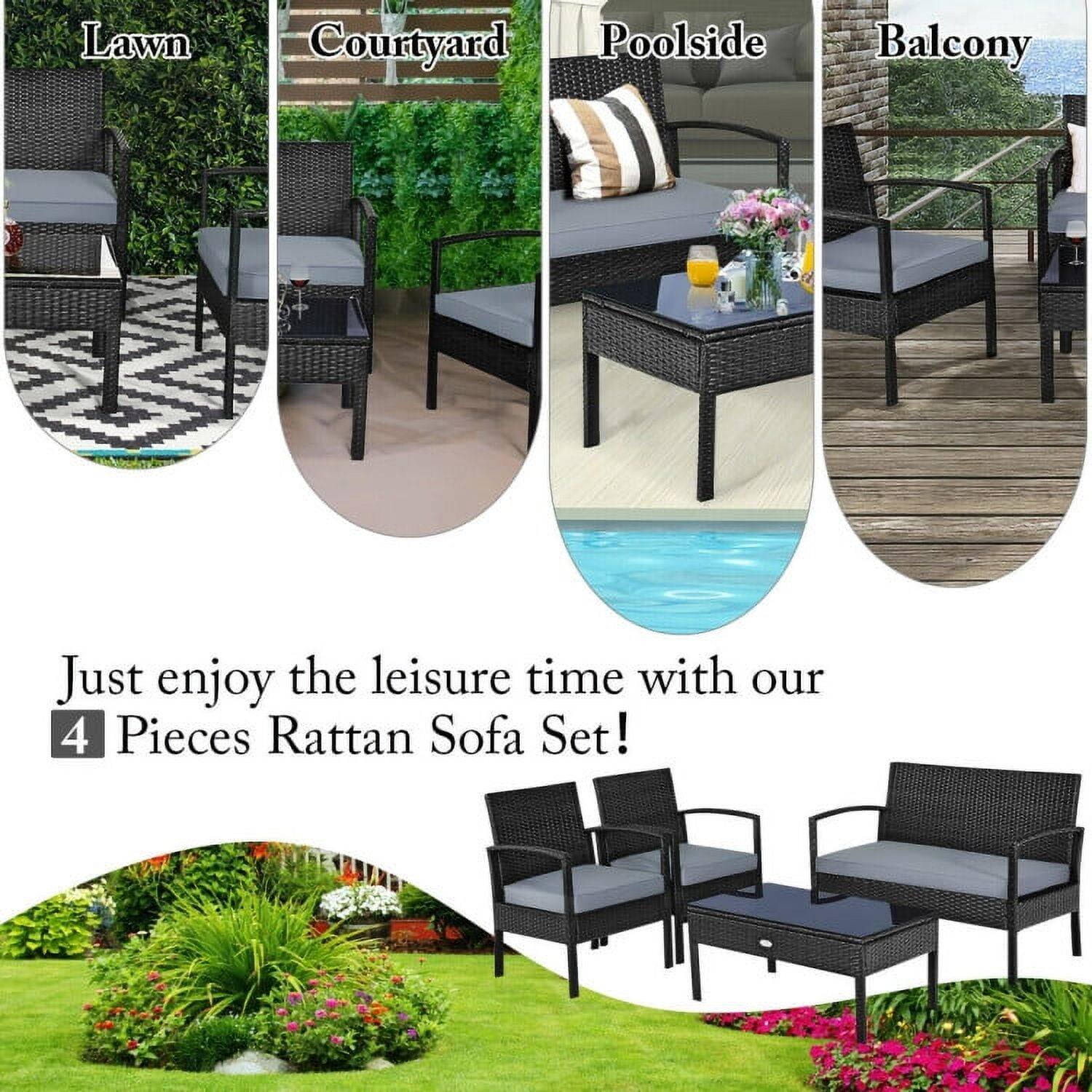 Lawn  
Courtyard  
Poolside  
Balcony  

Just enjoy the leisure time with our 4 Pieces Rattan Sofa Set!