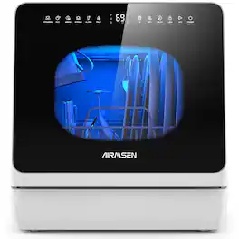 AIRMSEN - Portable Countertop Dishwasher with Salt Chamber & 5L Built-in Water Tank - 18H Delay Start & ECO Mode - Black