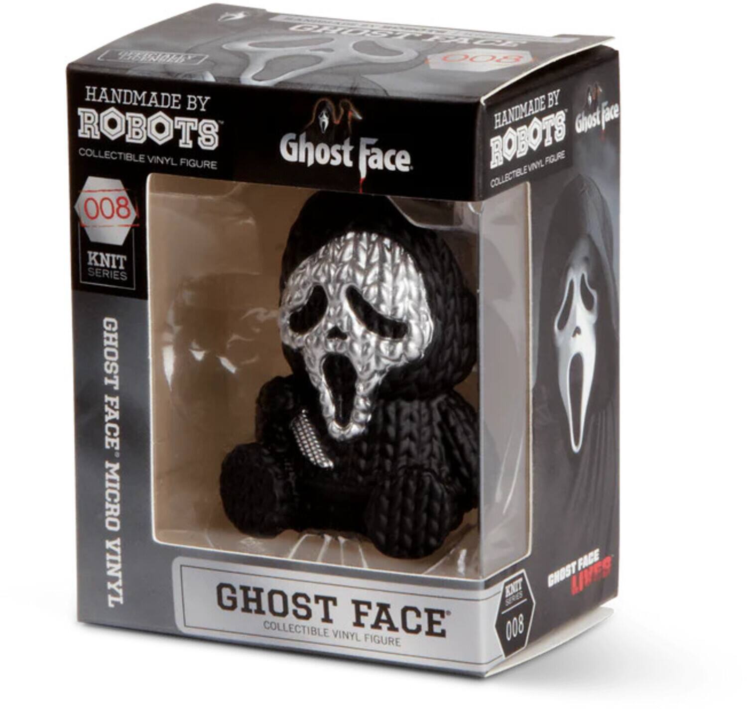 The text on the image can be grouped and corrected as follows:

- **Product Name:** Ghost Face
- **Series:** Knit Series
- **Number:** 008
- **Type:** Collectible Vinyl Figure
- **Description:** Handmade by Robots
- **Additional Info:** Ghost Face Micro Vinyl, Ghost Face Lives

This is a collectible vinyl figure from the Knit Series, number 008, titled "Ghost Face." It is described as "Handmade by Robots" and is part of the "Ghost Face Micro Vinyl" collection, with the phrase "Ghost Face Lives" also featured.