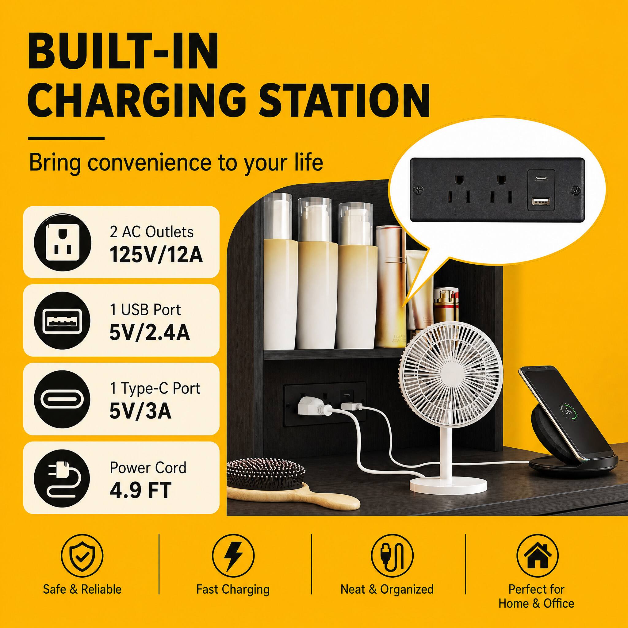 BUILT-IN CHARGING STATION  
Bring convenience to your life  
2 AC Outlets 125V/12A  
1 USB Port 5V/2.4A  
1 Type-C Port 5V/3A  
Power Cord 4.9 FT  
Safe & Reliable  
Fast Charging  
Neat & Organized  
Perfect for Home & Office