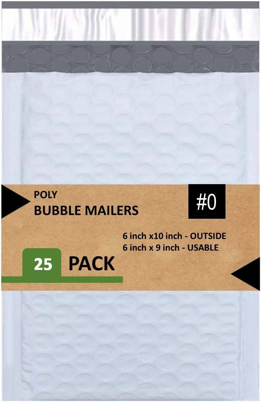 POLY BUBBLE MAILERS  
#0  
6 inch x 10 inch - OUTSIDE  
6 inch x 9 inch - USABLE  
25 PACK