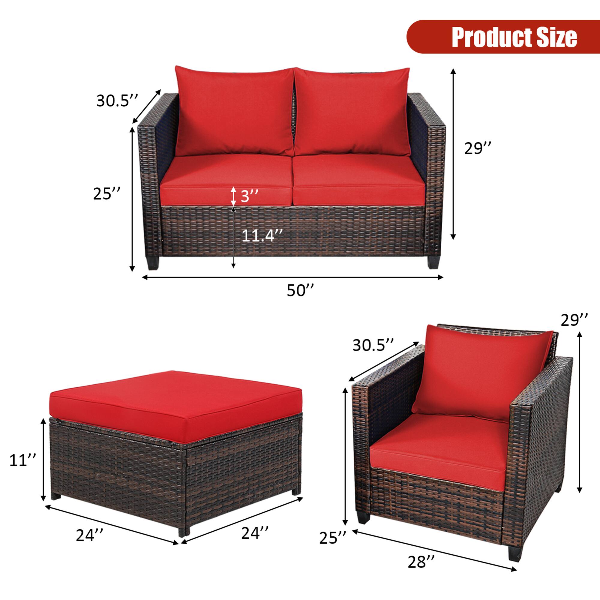 Product Size

- Sofa: 50" W x 29" D x 30.5" H
- Seat Depth: 11.4"
- Cushion Height: 3"
- Arm Height: 25"
- Armrest Height: 30.5"
- Coffee Table: 24" W x 24" D x 11" H
- Chair: 28" W x 25" D x 30.5" H
- Back Height: 29"